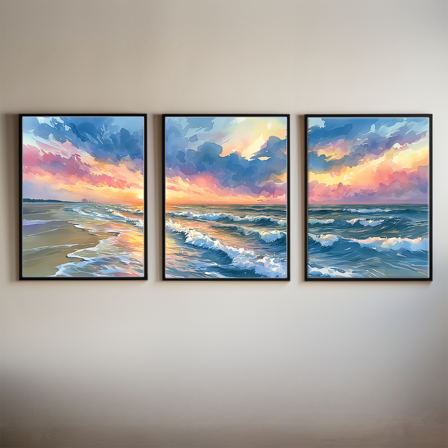 Outer Banks Beach Sunset North Carolina Watercolor Triptych Wall Art, Set of 3 Ocean Prints