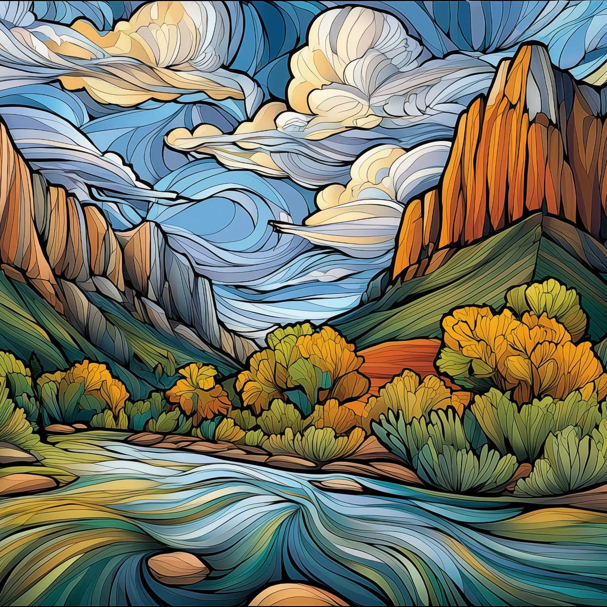 Center panel of Kolob Canyons Zion National Park abstract acrylic artwork, featuring dramatic clouds, canyon walls, golden trees, and a curving river.