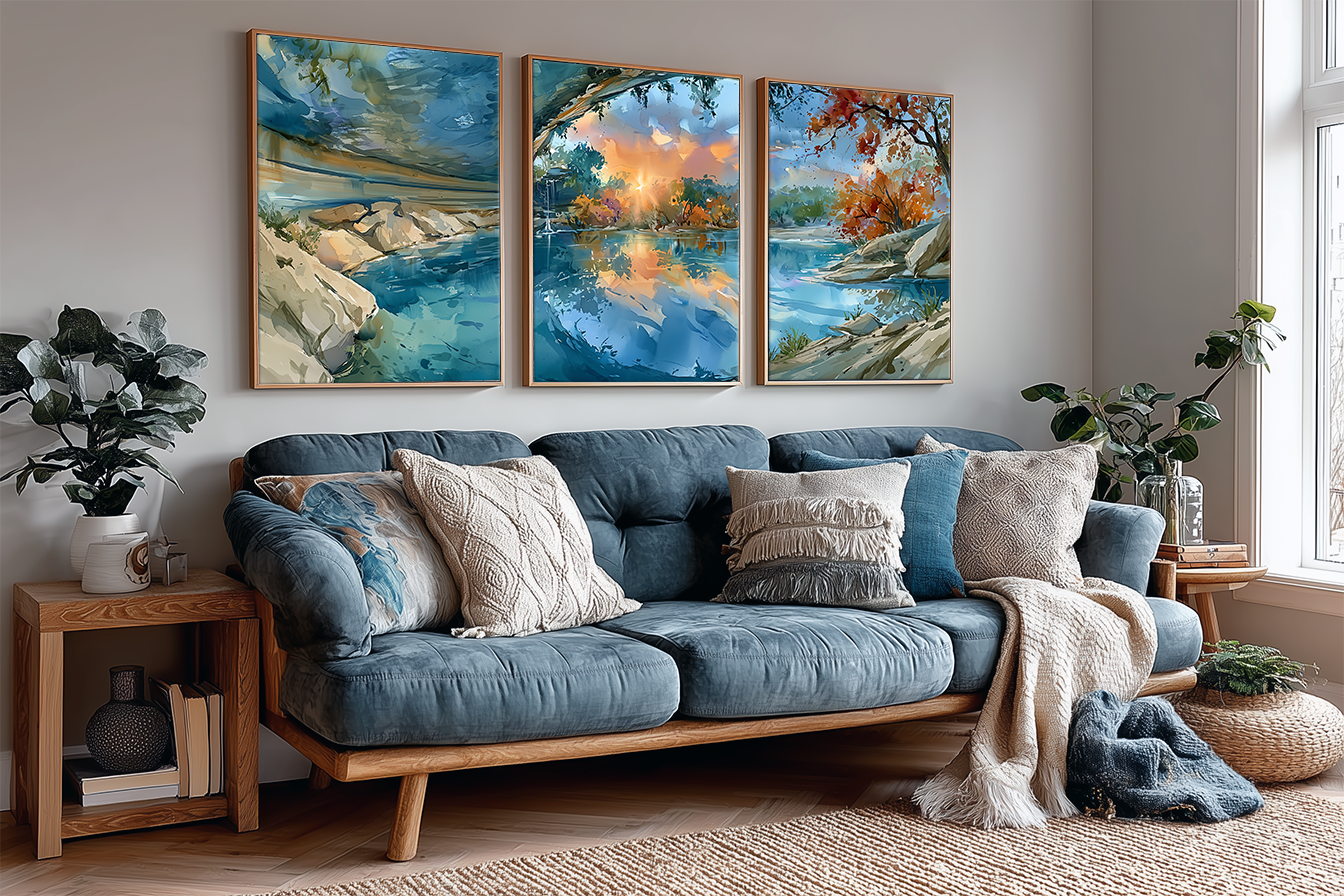 hamilton-pool-preserve-texas-watercolor-triptych-wall-art-angle-living-room.webp