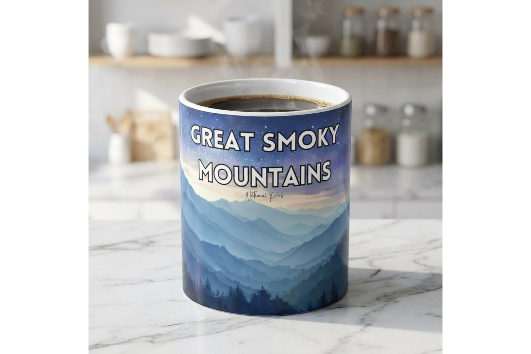 Coffee mug with a scenic mountain landscape and the words 'Great Smoky Mountains' on it, placed on a white marble surface in a kitchen background.