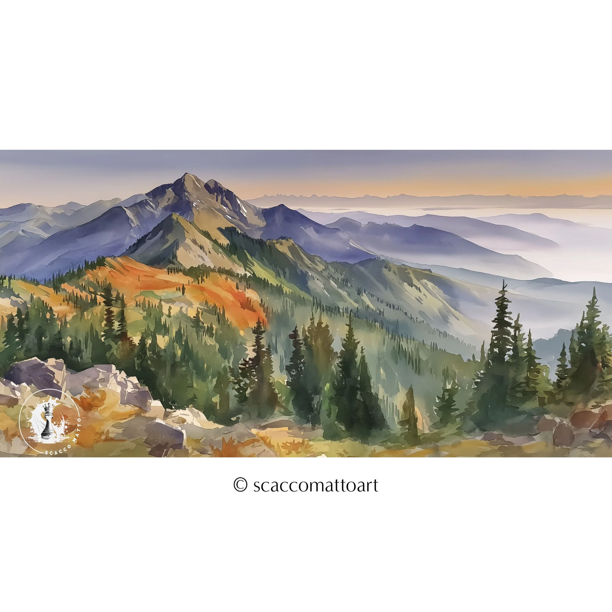 Olympic National Park Distant Mist panoramic watercolor landscape with layered mountains, evergreen trees, and soft morning haze