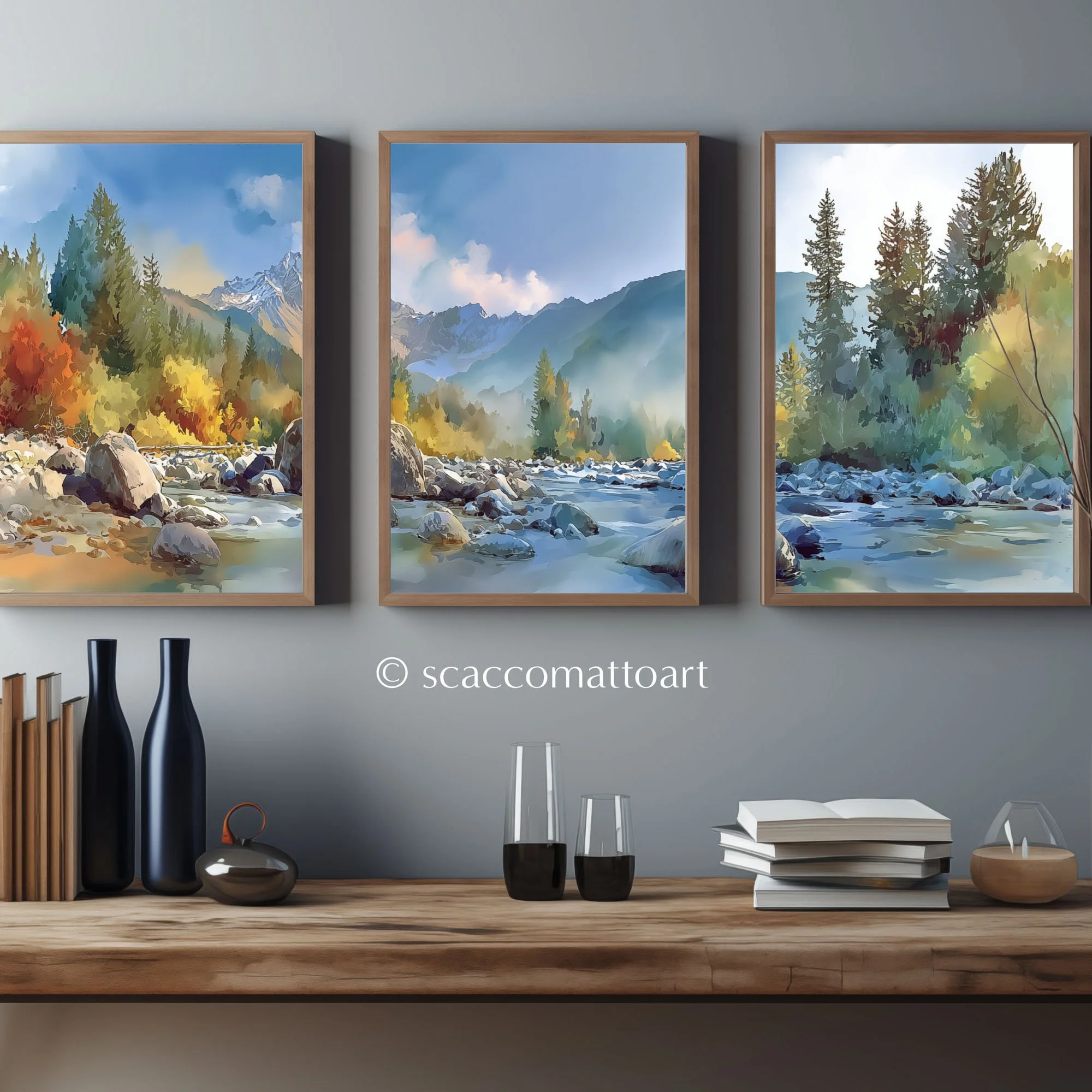 Mount Washington Olympic National Forest watercolor triptych framed above a wooden console table