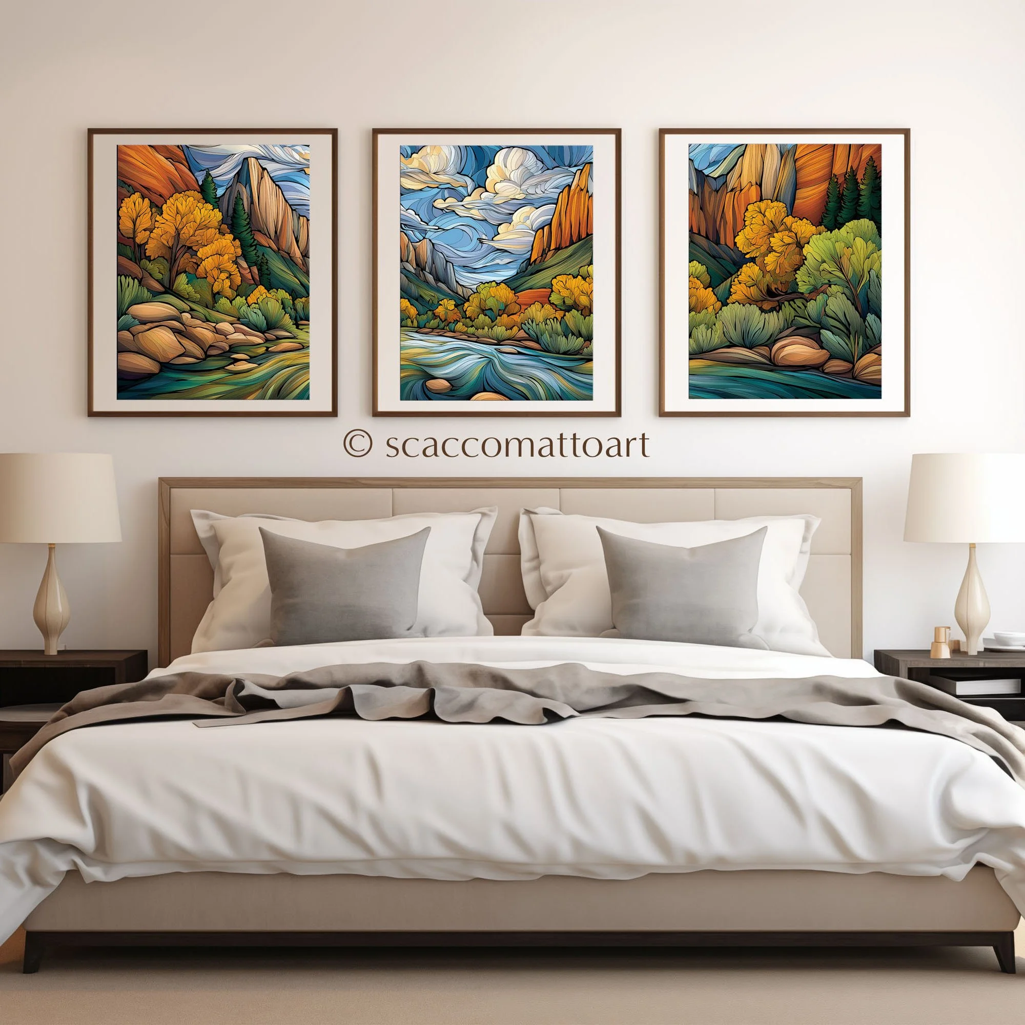 Kolob Canyons Zion National Park abstract acrylic triptych wall art displayed above a bed in a soft neutral bedroom.
