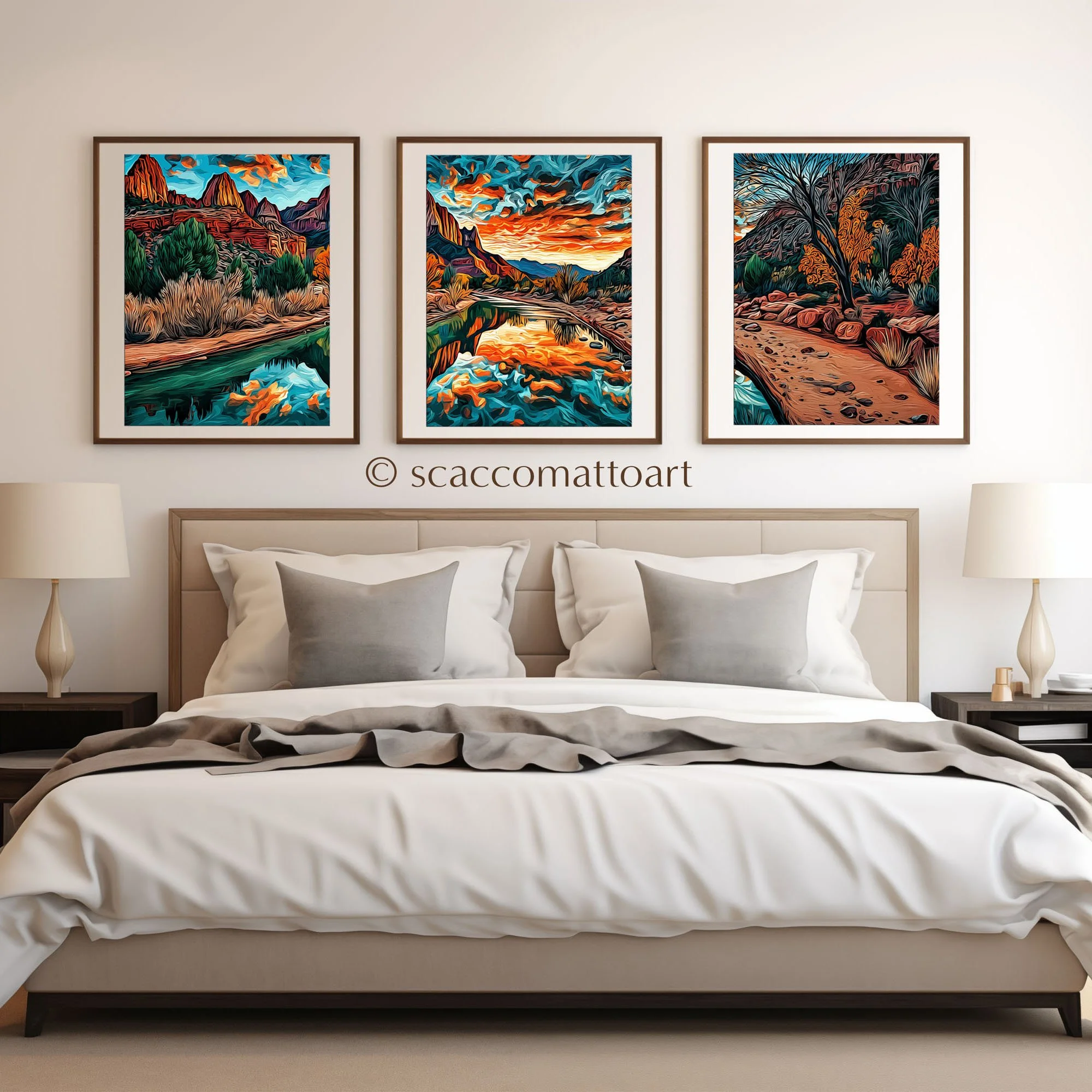 Zion National Park Watchman Mountains at Sunset abstract acrylic giclée triptych wall art styled above a bed