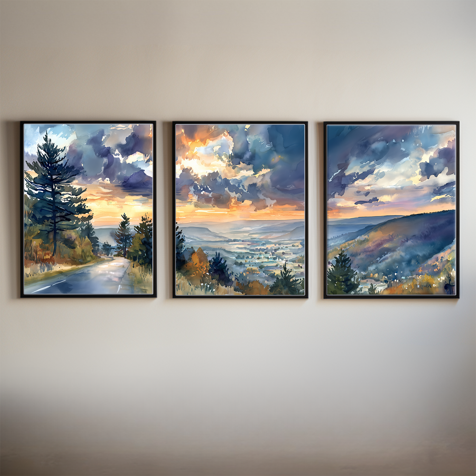 Scenic Route 100 Vermont Autumn Watercolor Triptych Wall Art, Set of 3 Green Mountain Prints