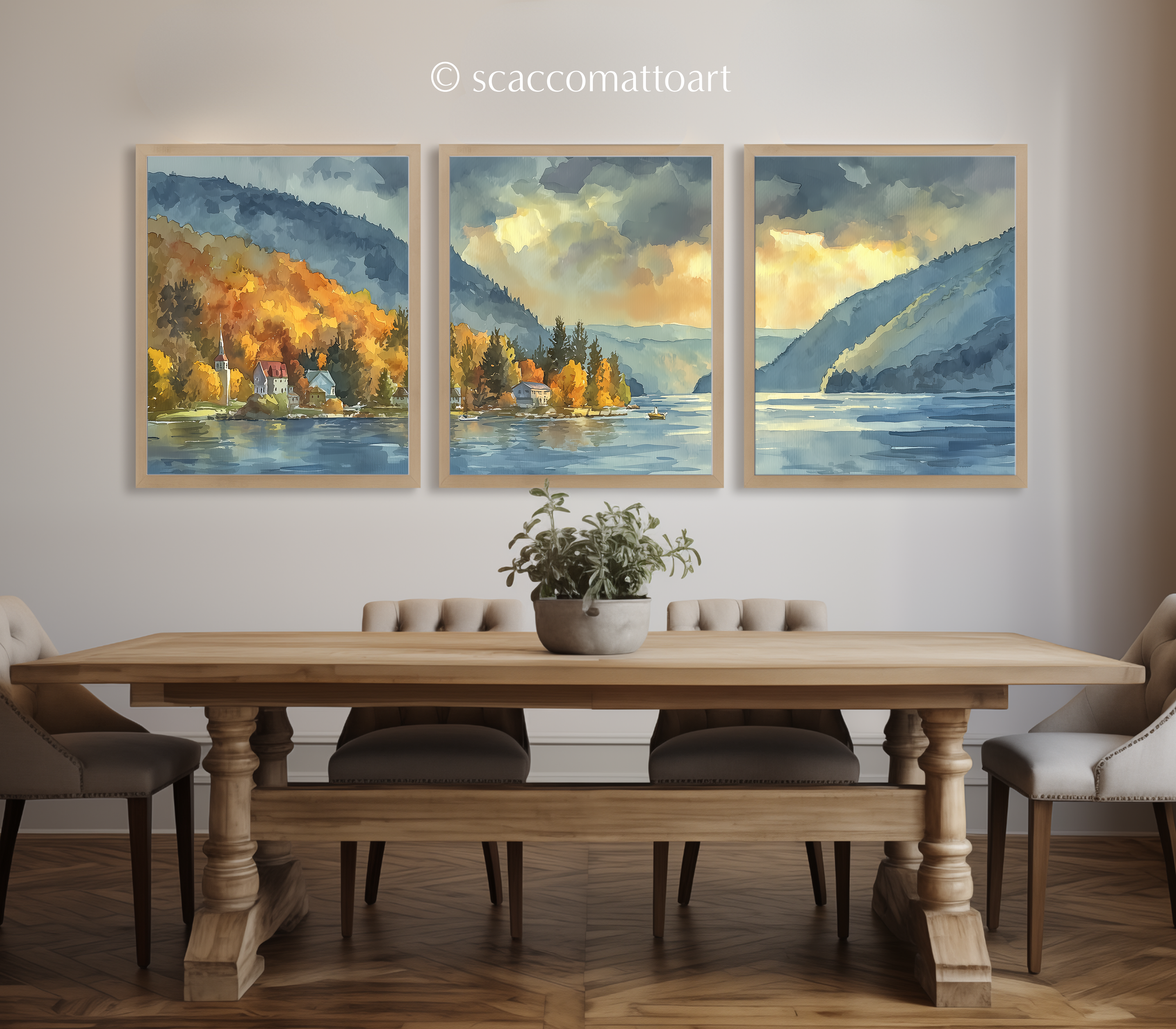 lake-willoughby-vermont-watercolor-triptych-wall-art-dining-room.webp
