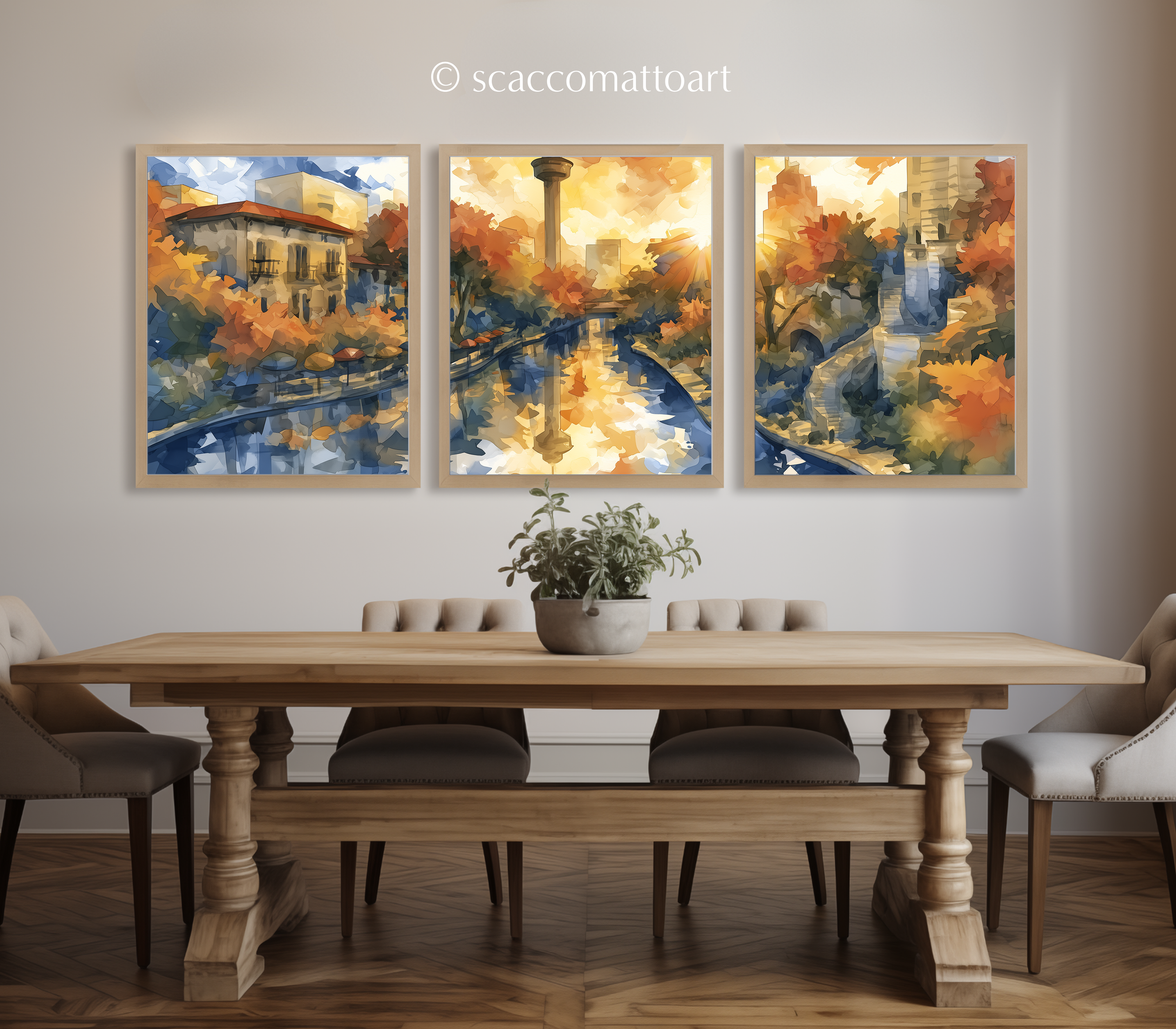 san-antonio-river-walk-bridge-watercolor-triptych-wall-art-dining-room.webp