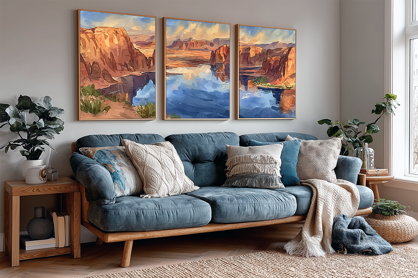 lake-powell-utah-canyon-watercolor-triptych-wall-art-angle-living-room.webp