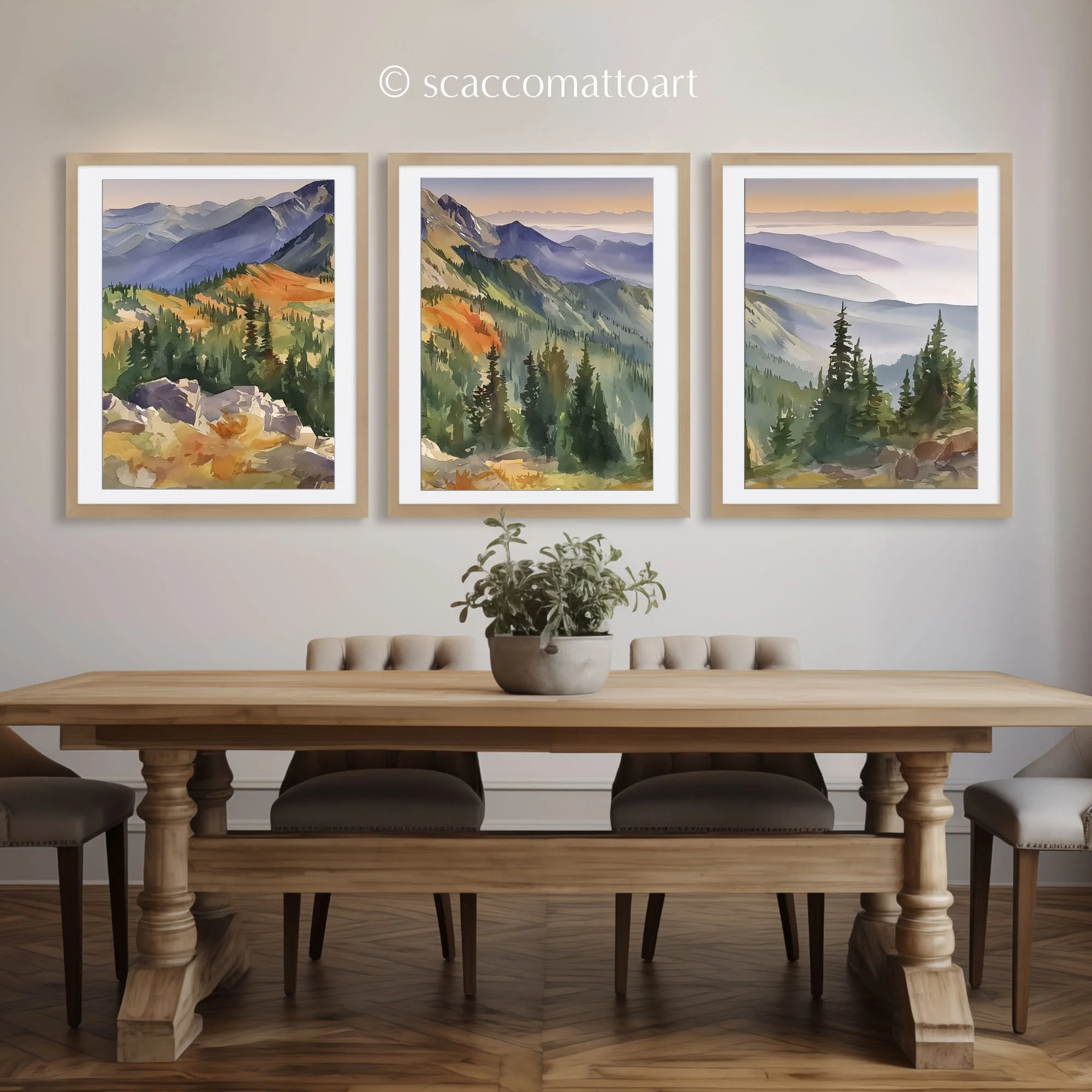 Olympic National Park Distant Mist watercolor triptych displayed above a rustic dining table