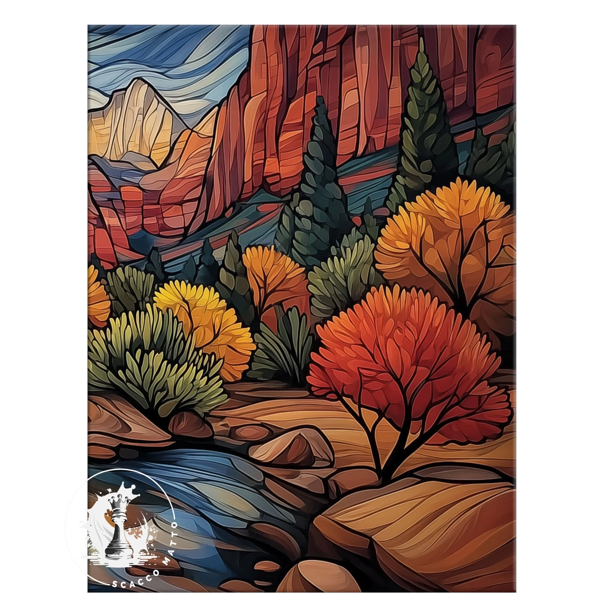 Close-up of Zion National Park Emerald Pools abstract acrylic artwork showing red cliffs, stream, and autumn shrubs