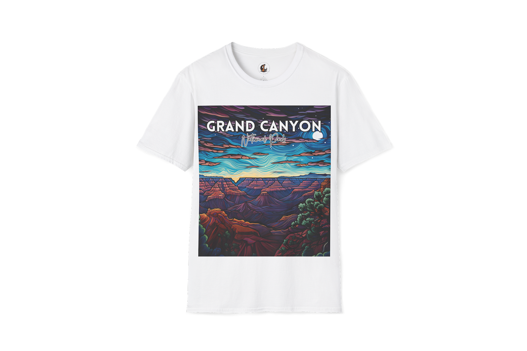 White T-shirt with a colorful landscape of the Grand Canyon and the words "GRAND CANYON" and "National Park" across the top.