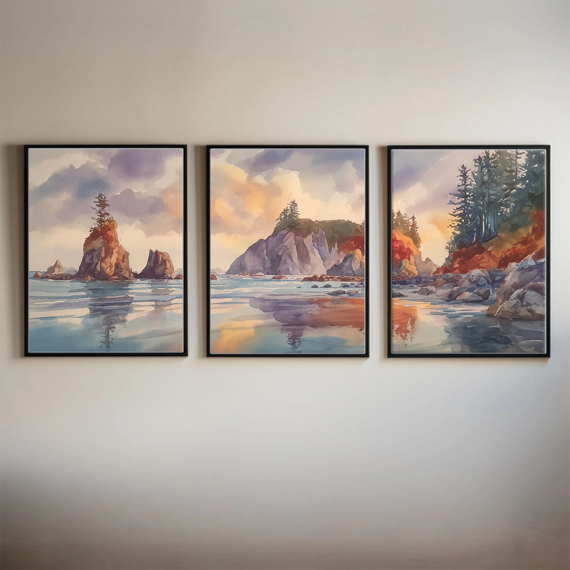 Framed Olympic National Park Coastal Sunset Fireworks triptych on a neutral interior wall