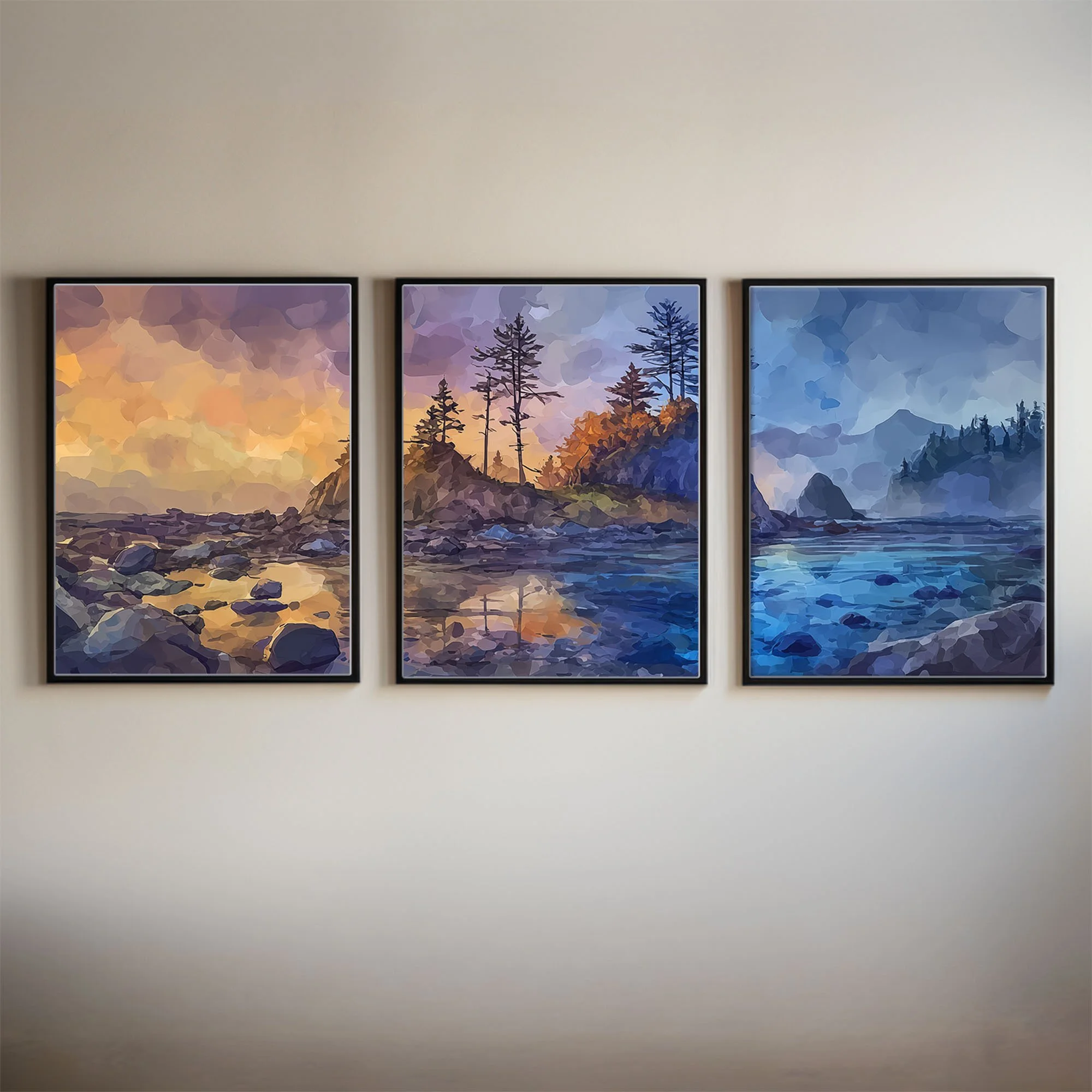 Last Light at Olympic National Park Triptych Watercolor | National Park Wall Art