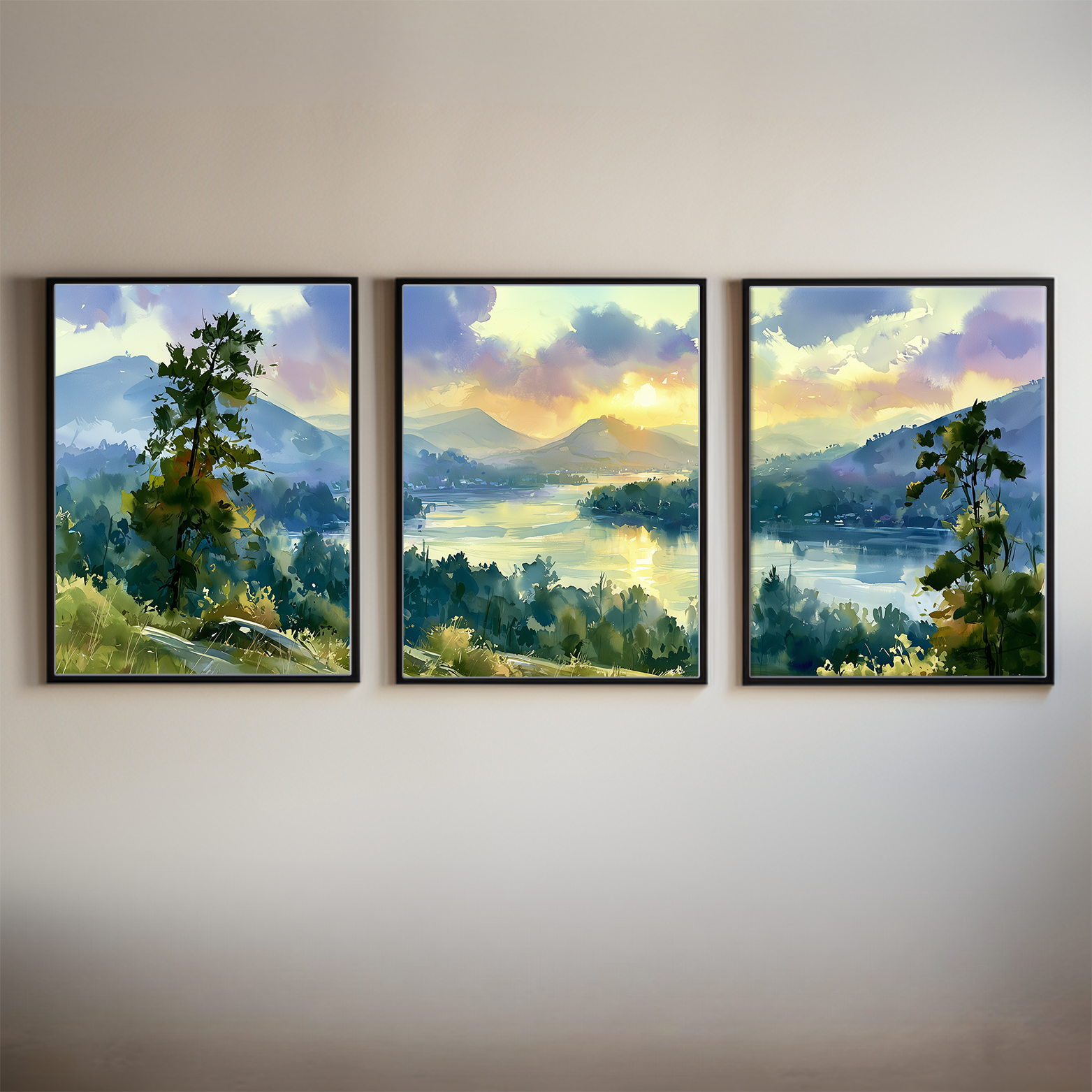 Lake Lure North Carolina Sunset Watercolor Triptych Wall Art, Set of 3 Mountain Lake Prints