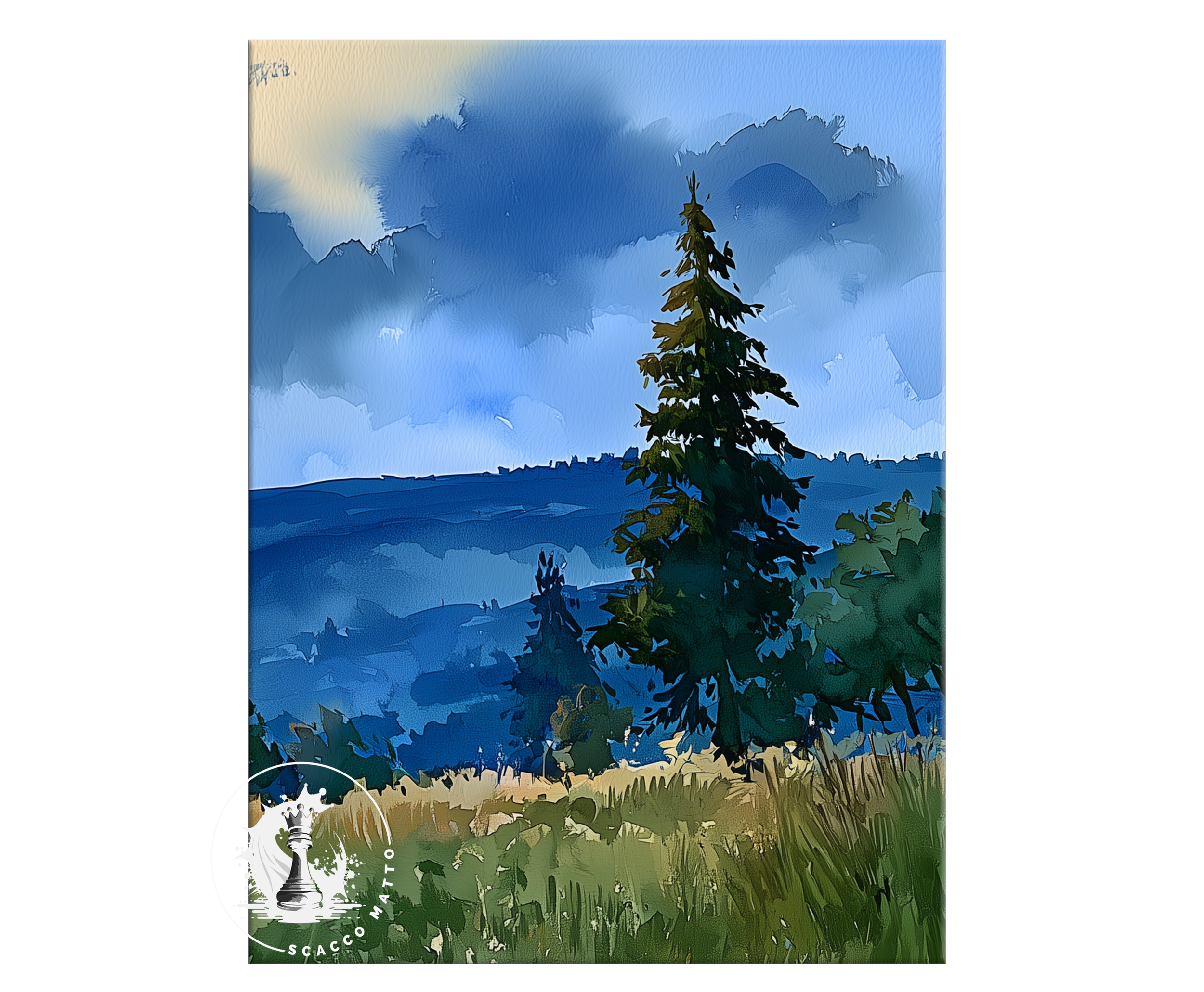 Watercolor of a pine tree overlooking the Finger Lakes in New York