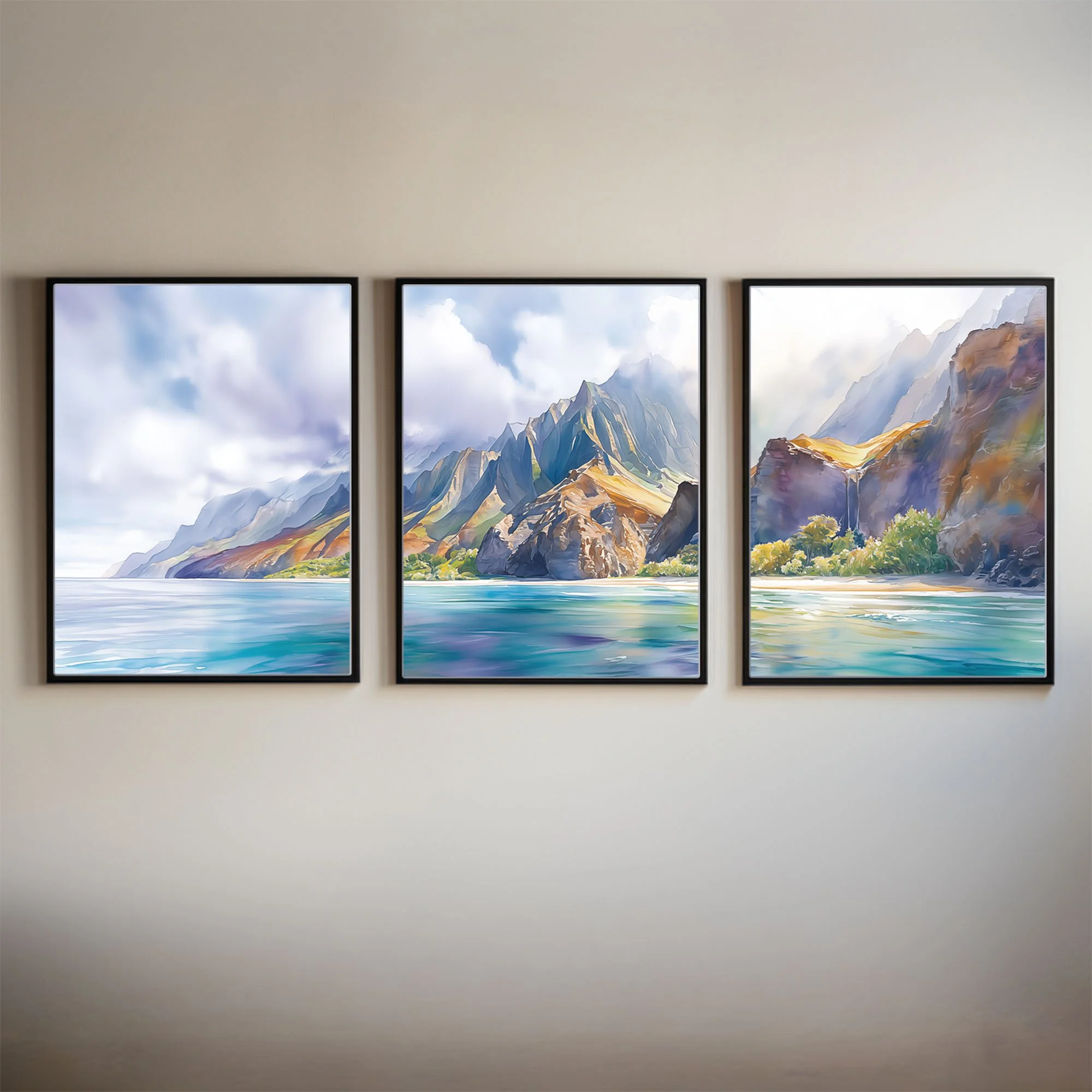 Na Pali Coast Watercolor Triptych Rainbow Hues Panorama Wall Art Print Set