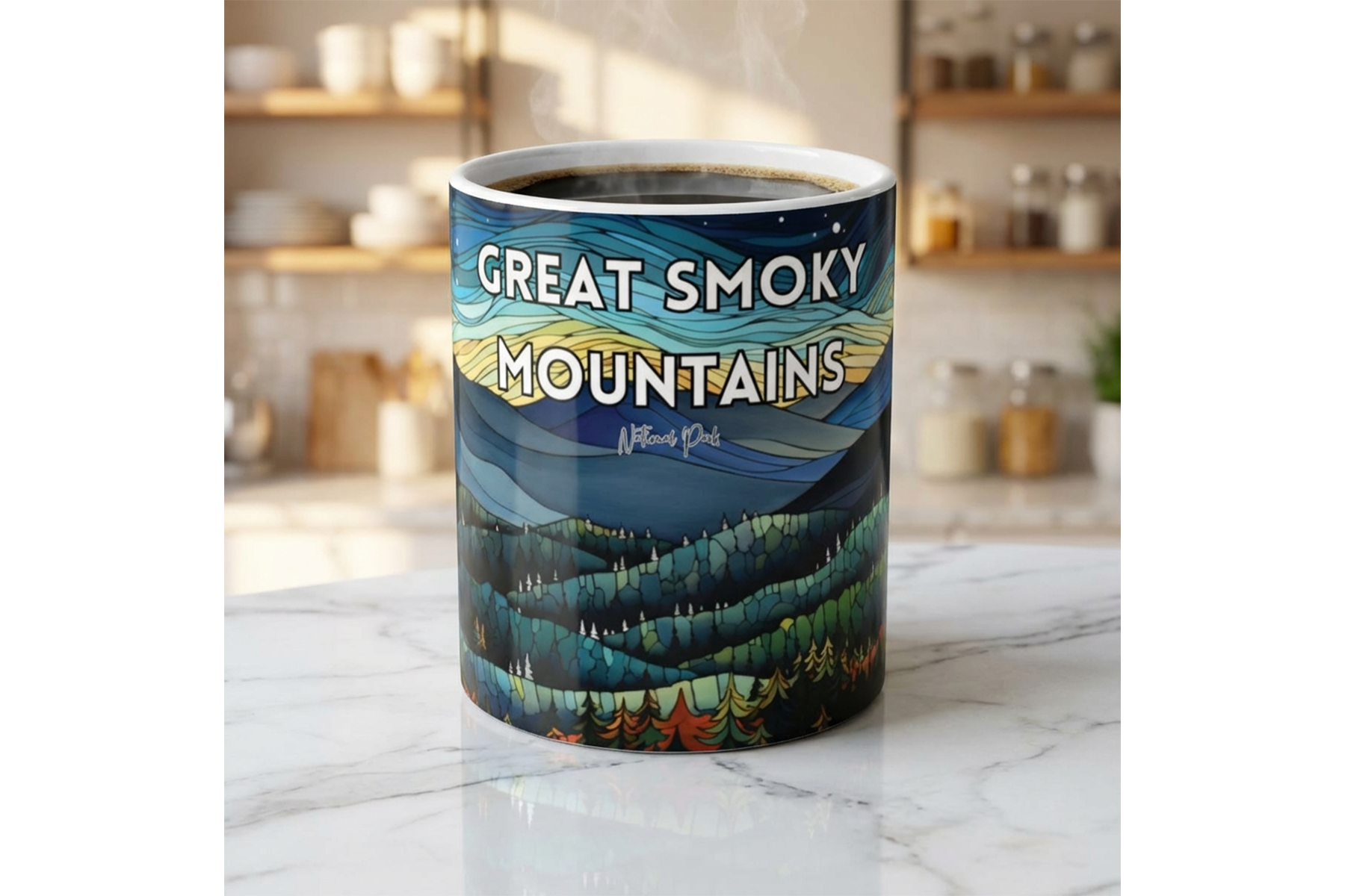 A coffee mug decorated with a mountain landscape design, featuring the text 'Great Smoky Mountains' and 'National Park'.