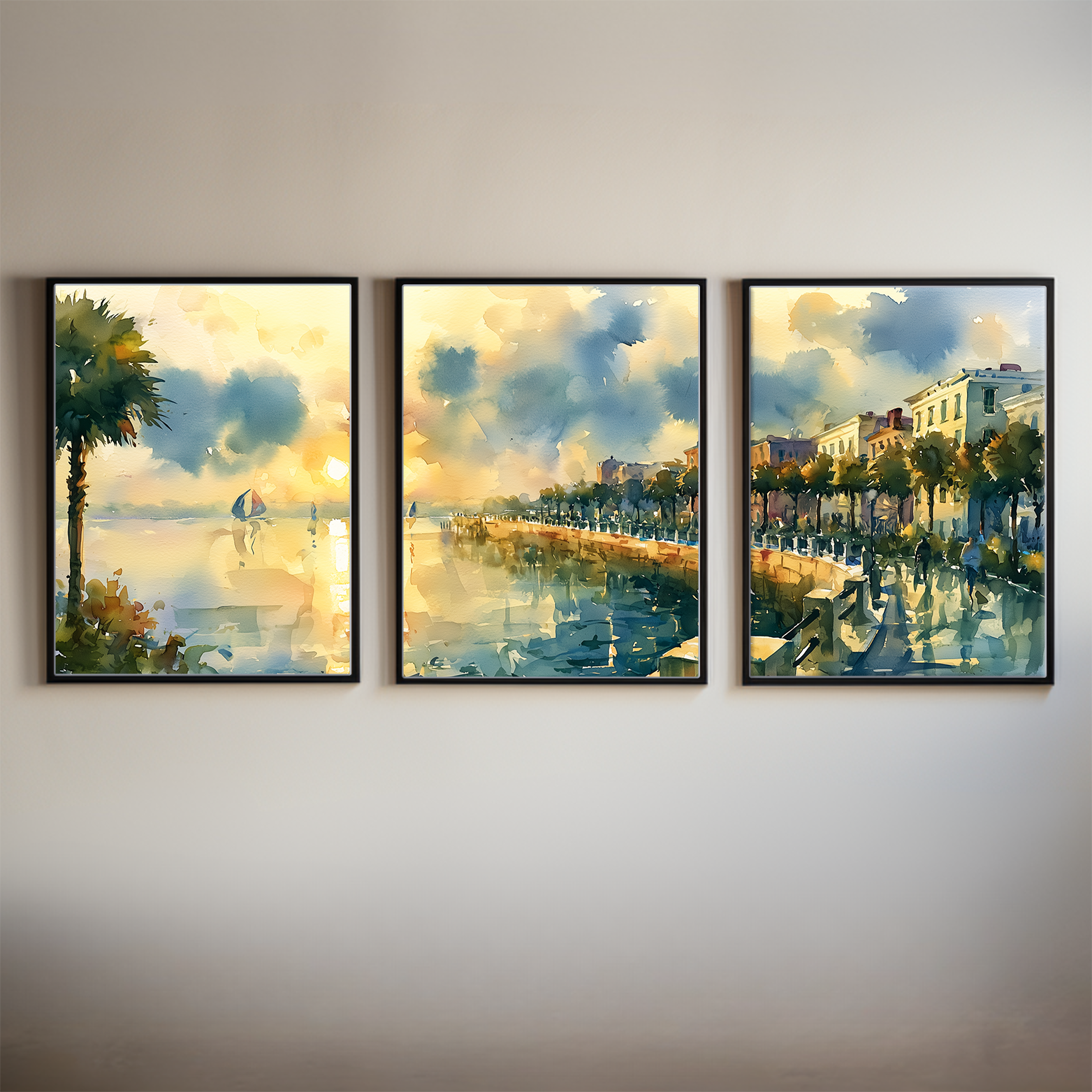 Charleston South Carolina Waterfront Watercolor Triptych Wall Art, Set of 3 Coastal City Prints
