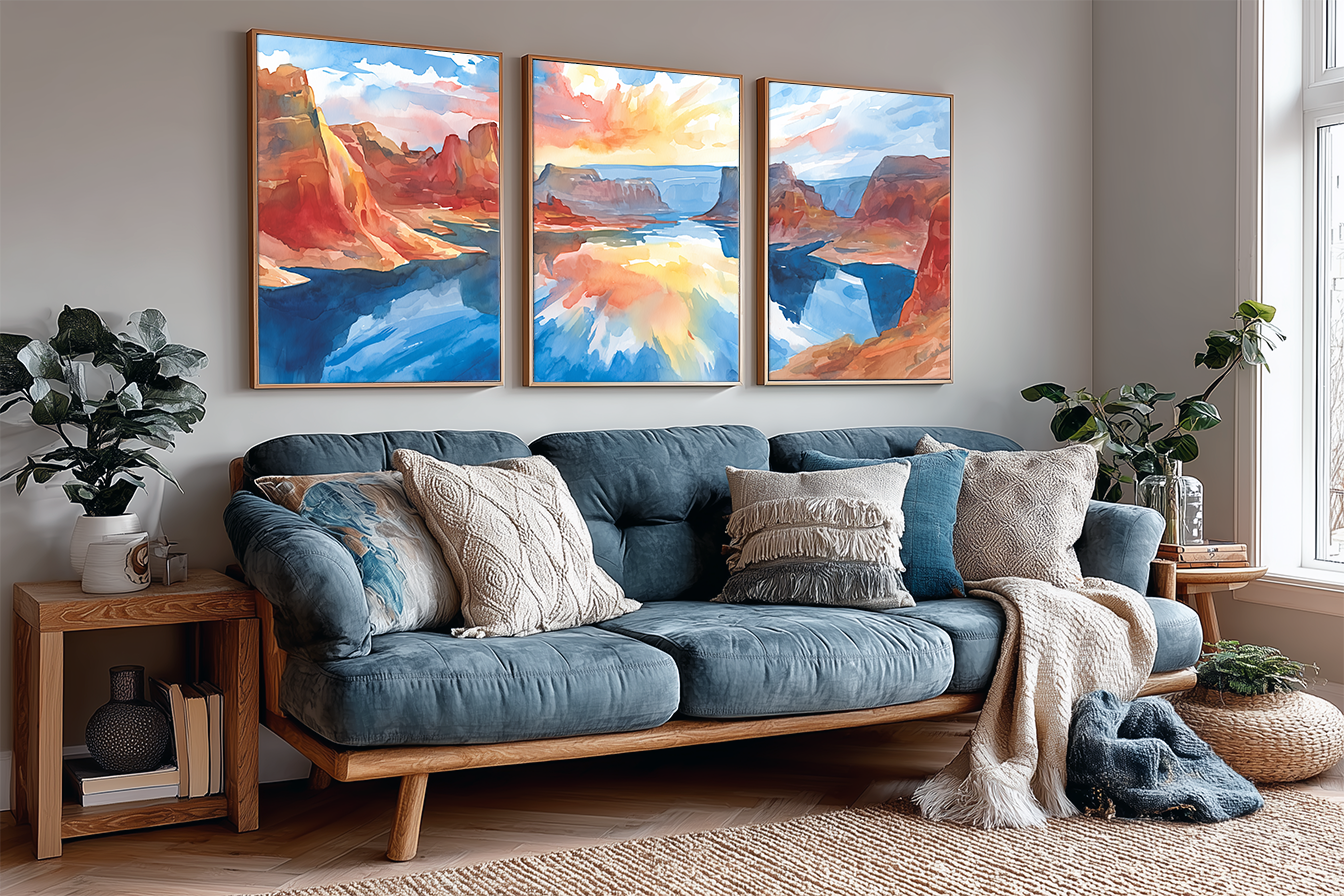 glen-canyon-lake-powell-utah-watercolor-triptych-wall-art-angle-living-room.webp