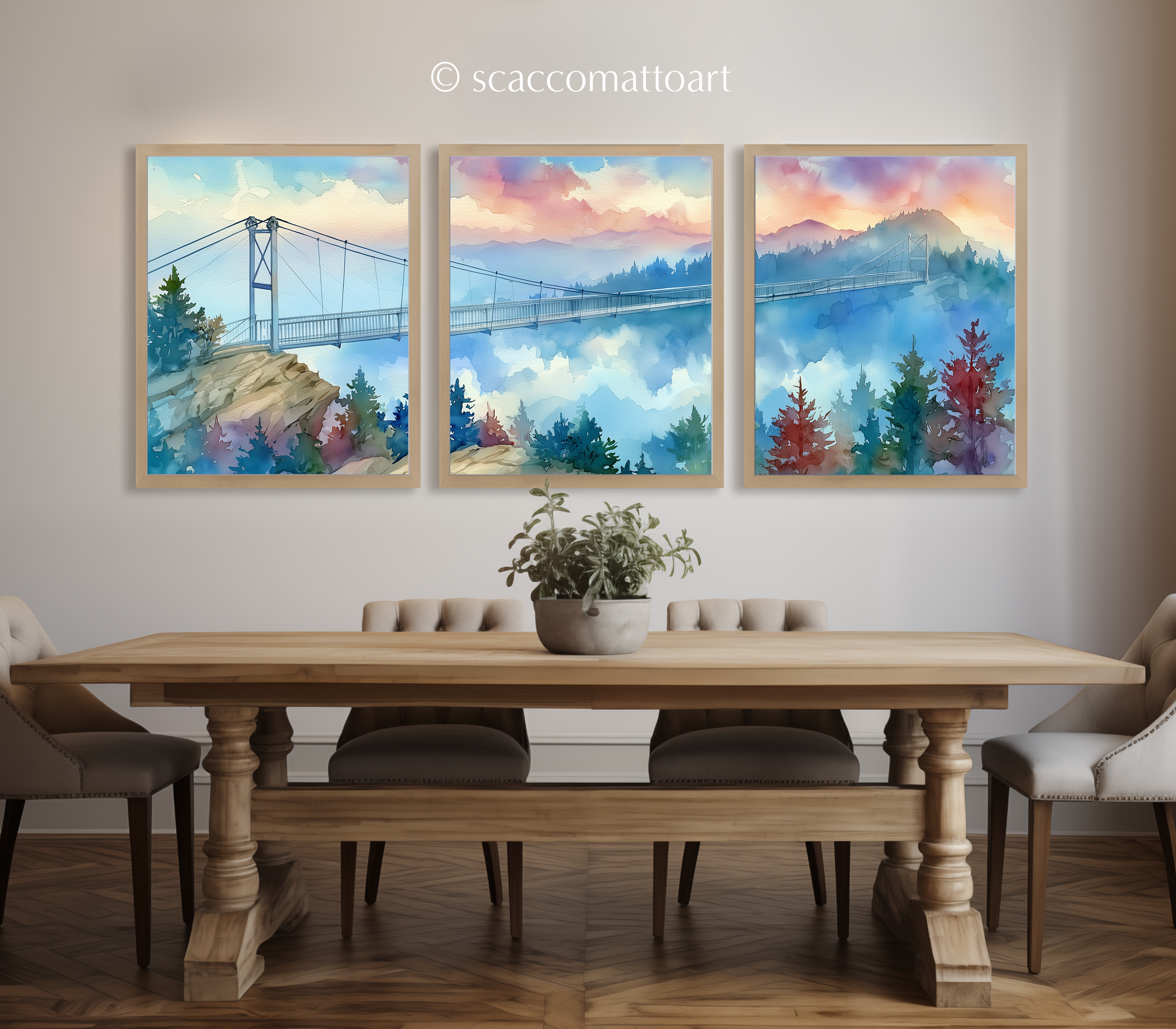 grandfather-mountain-mile-high-swinging-bridge-north-carolina-watercolor-triptych-wall-art-dining-room.webp