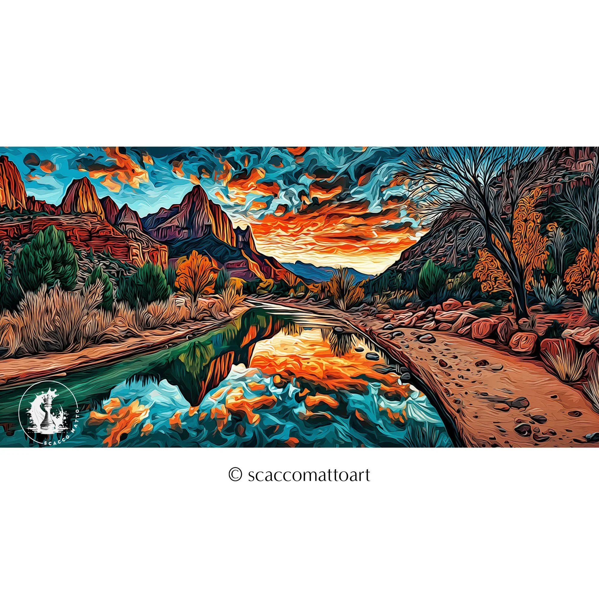 Zion National Park Watchman Mountains at Sunset abstract acrylic giclée panoramic landscape with glowing sky, river reflections, and red rock peaks