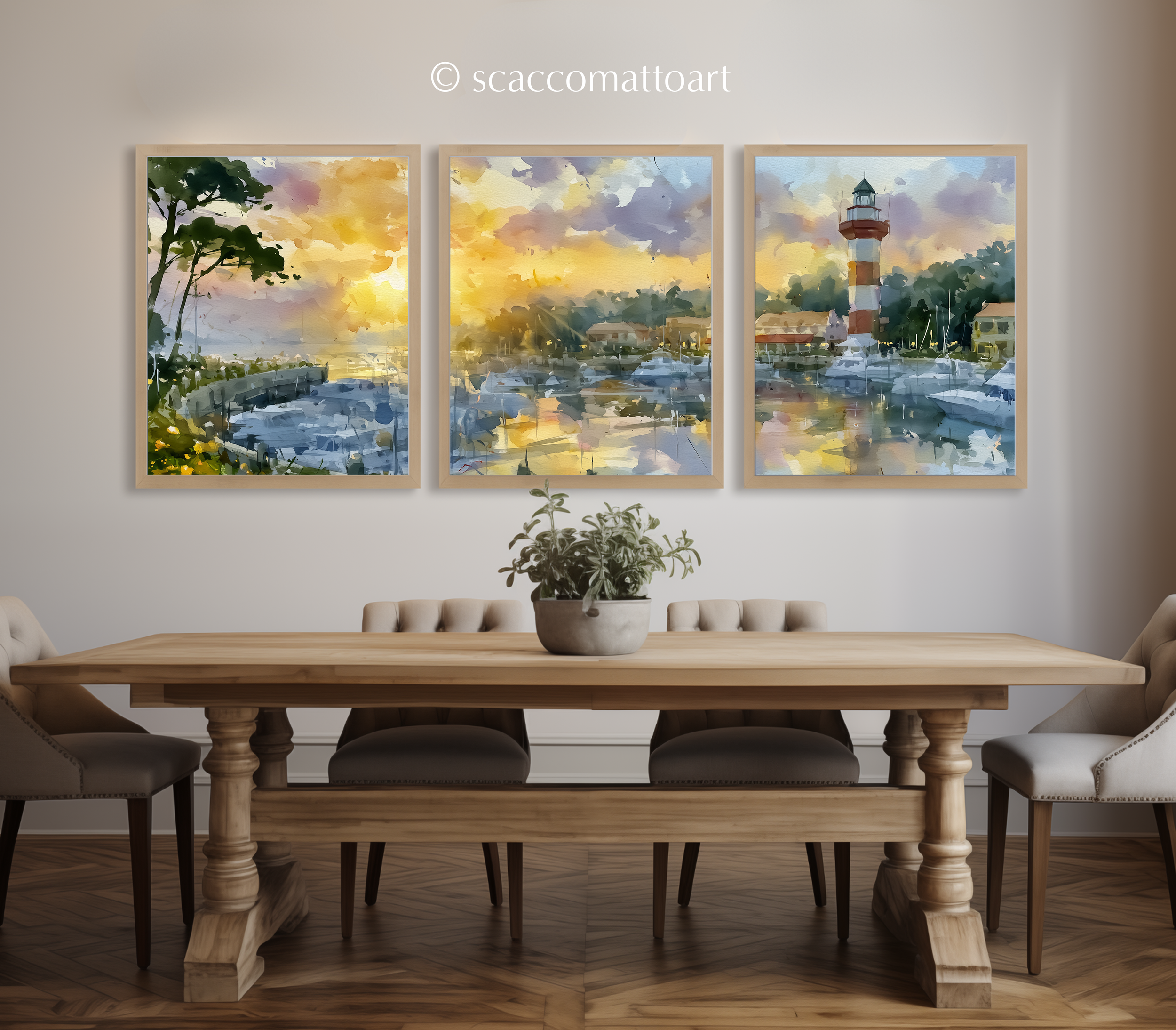hilton-head-island-south-carolina-watercolor-triptych-wall-art-dining-room.webp