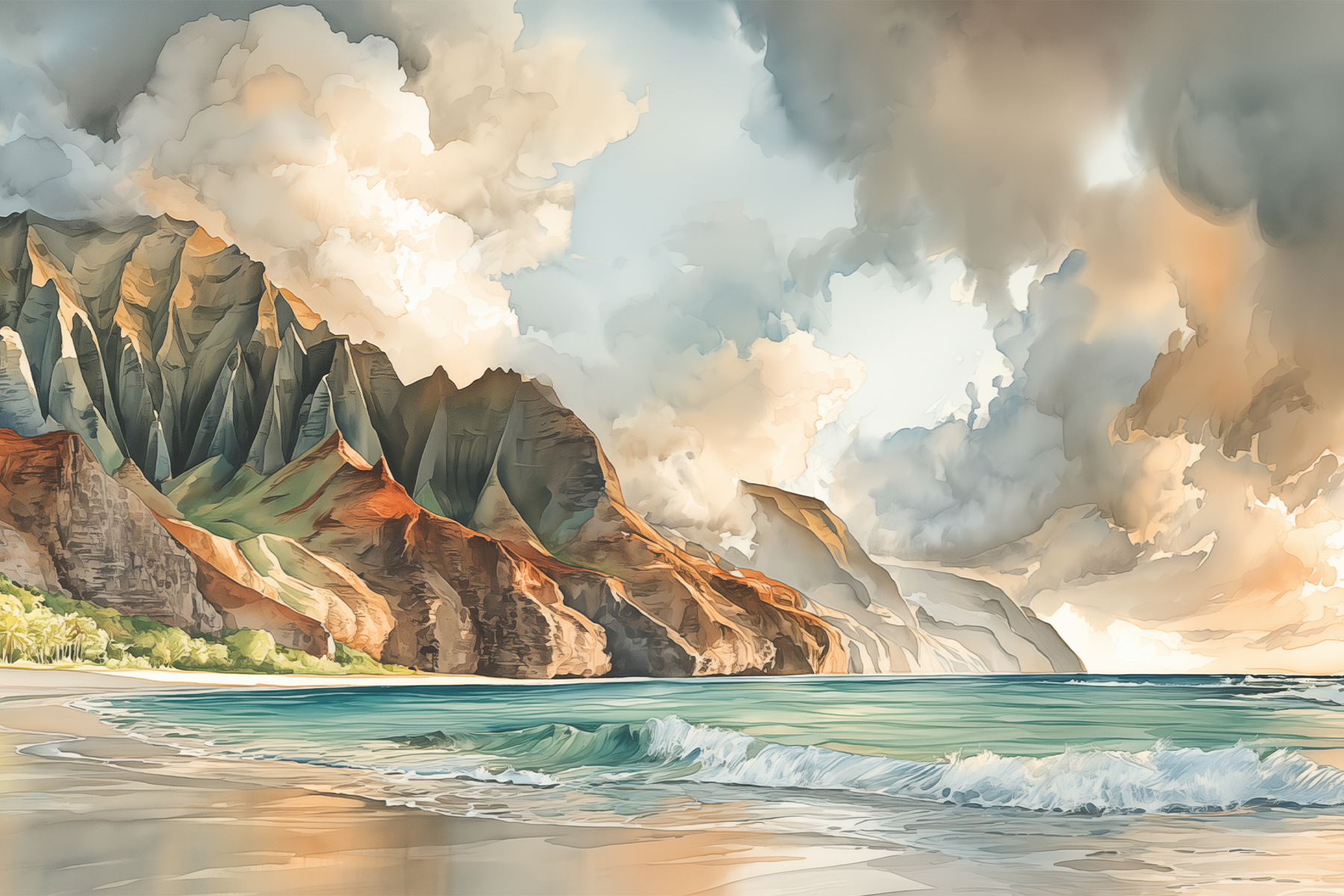 Hawaii coastal landscape art featuring tropical beaches, ocean cliffs, and island scenery