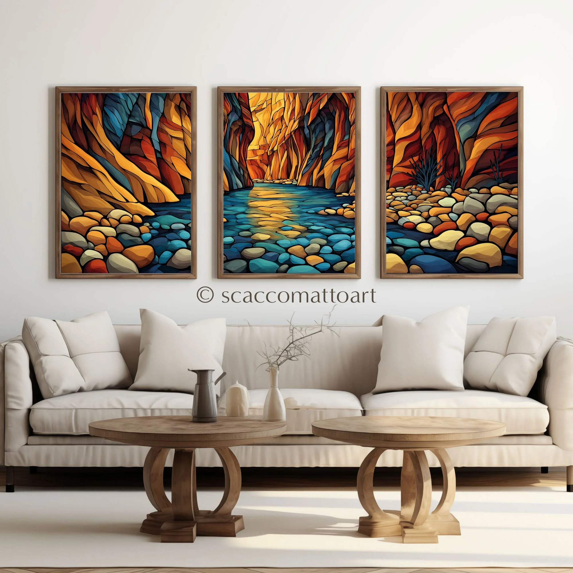 Zion National Park Zion Narrows Smooth Pebbles abstract acrylic triptych displayed above a cream living room sofa