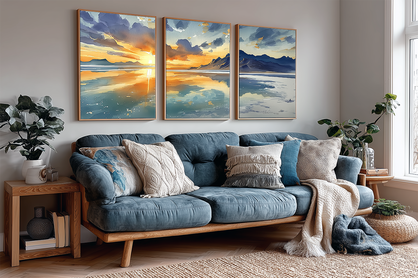 Bonneville Salt Flats Sunset Utah Watercolor Triptych Wall Art, Set of 3 Minimalist Prints