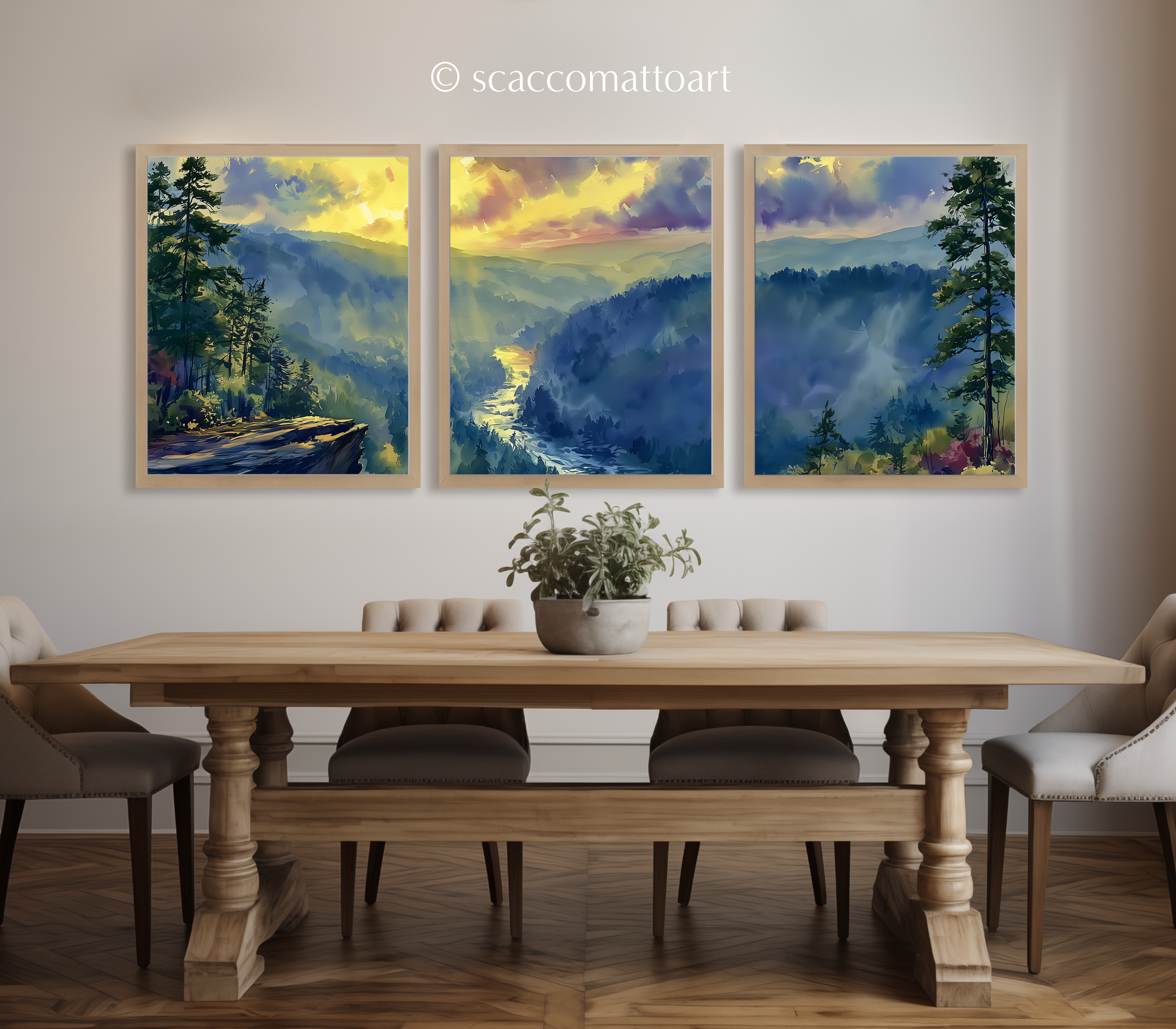 blue-ridge-mountain-river-north-carolina-watercolor-triptych-wall-art-dining-room.webp