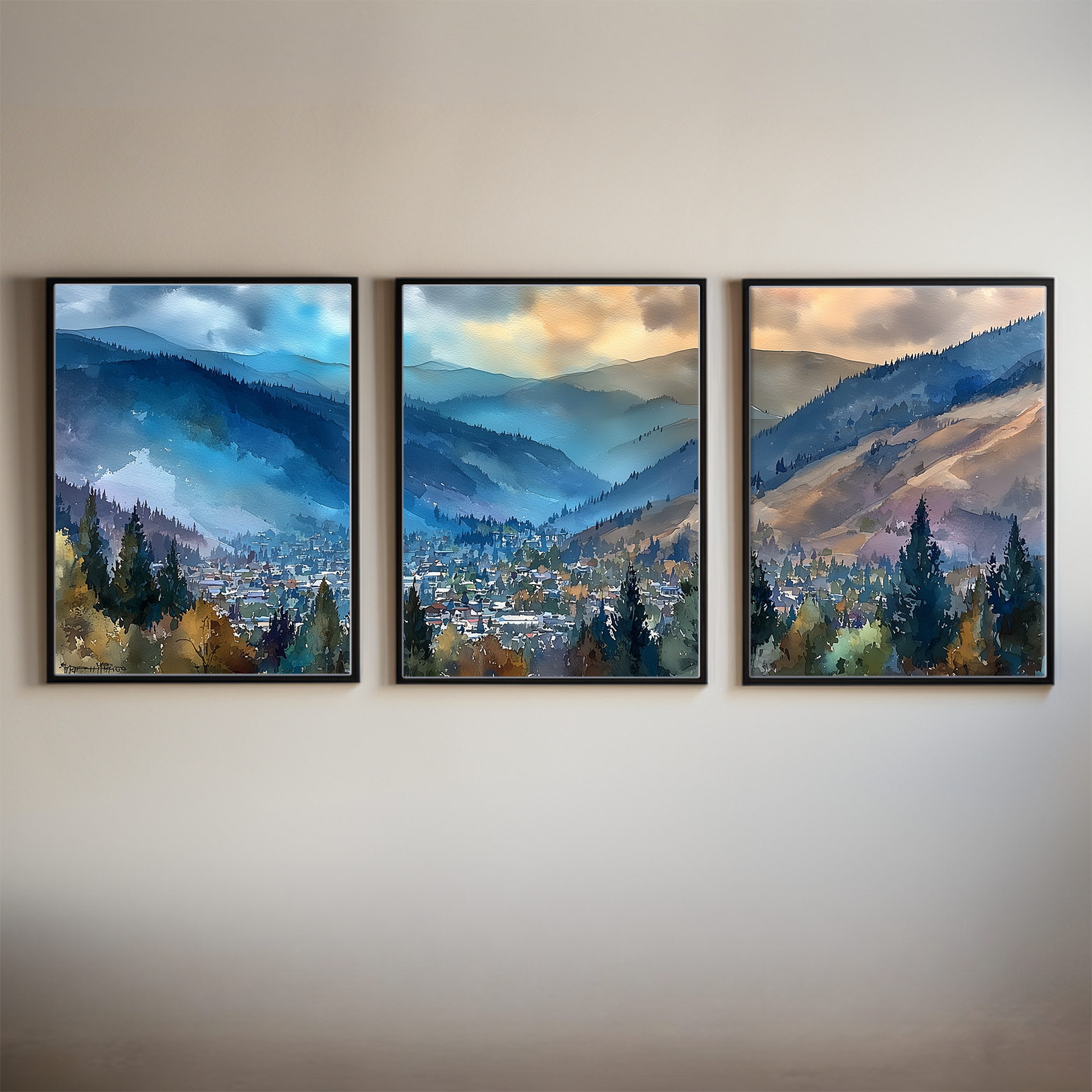 Park City Utah Ski Town Watercolor Triptych Wall Art, Set of 3 Wasatch Prints
