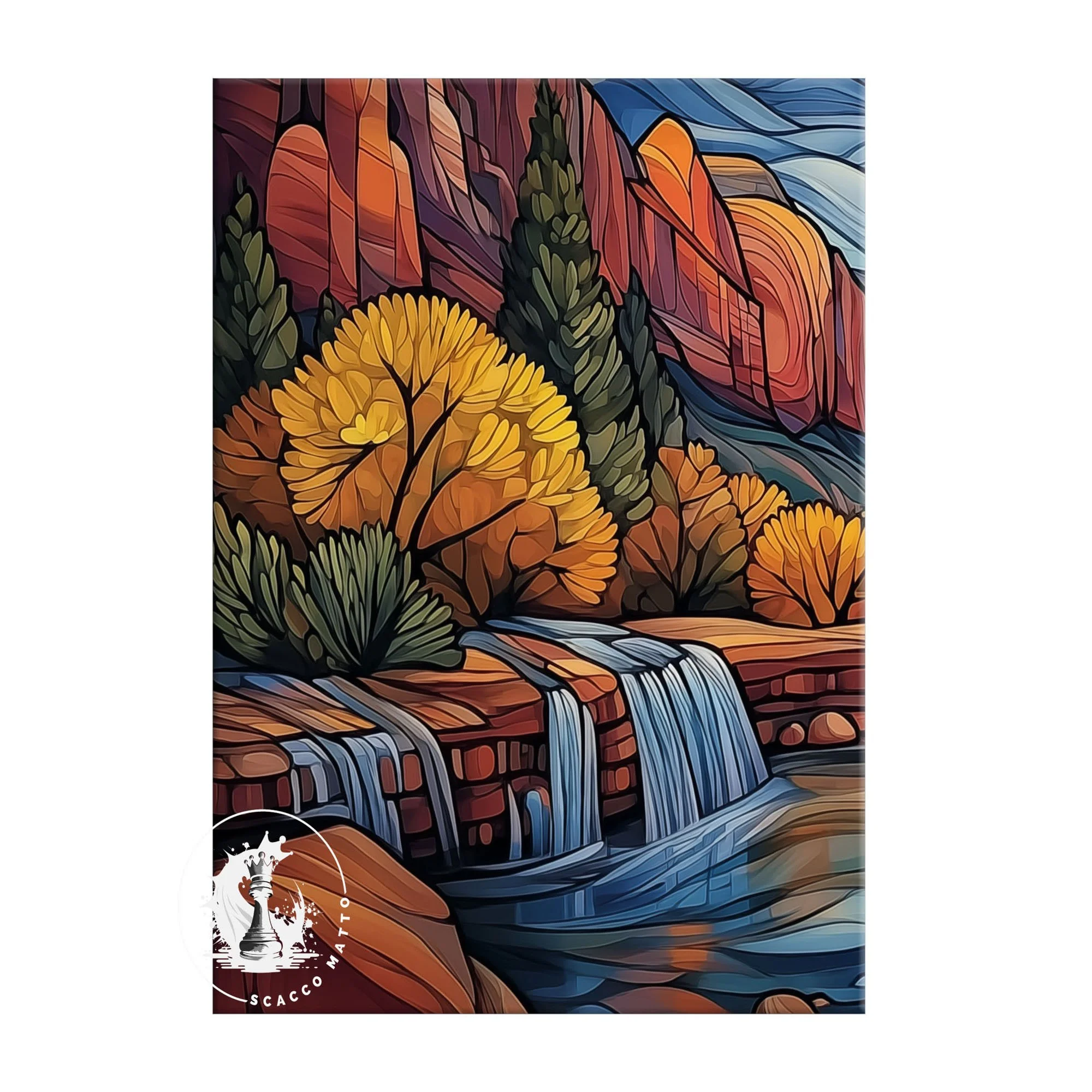Left panel of Zion National Park Emerald Pools triptych featuring waterfall, rocky ledge, and desert trees