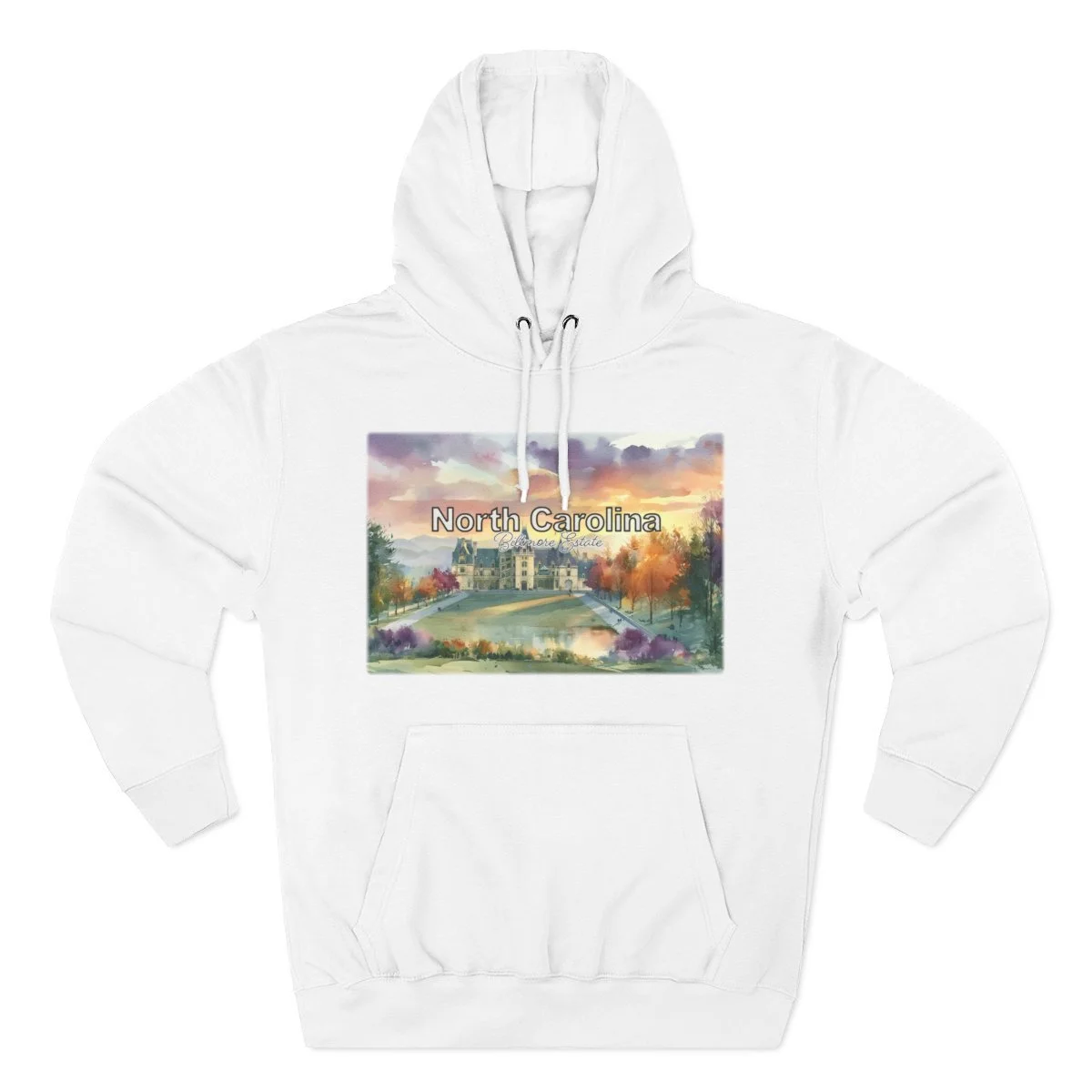 White hoodie with a North Carolina landscape watercolor design
