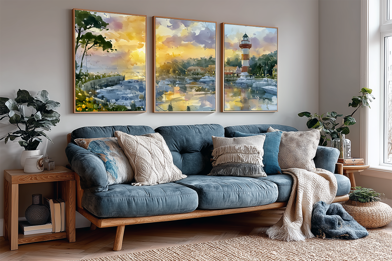 hilton-head-island-south-carolina-watercolor-triptych-wall-art-angle-living-room.webp