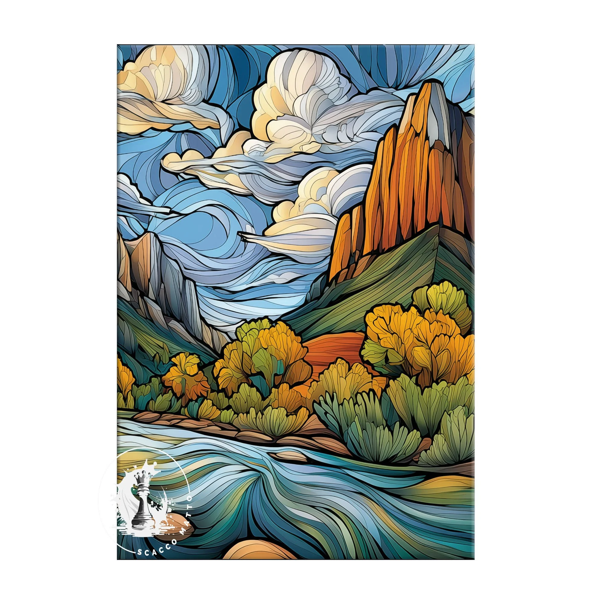 Right panel of Kolob Canyons Zion National Park abstract acrylic triptych, featuring tall orange cliffs, layered clouds, shrubs, and a winding river.