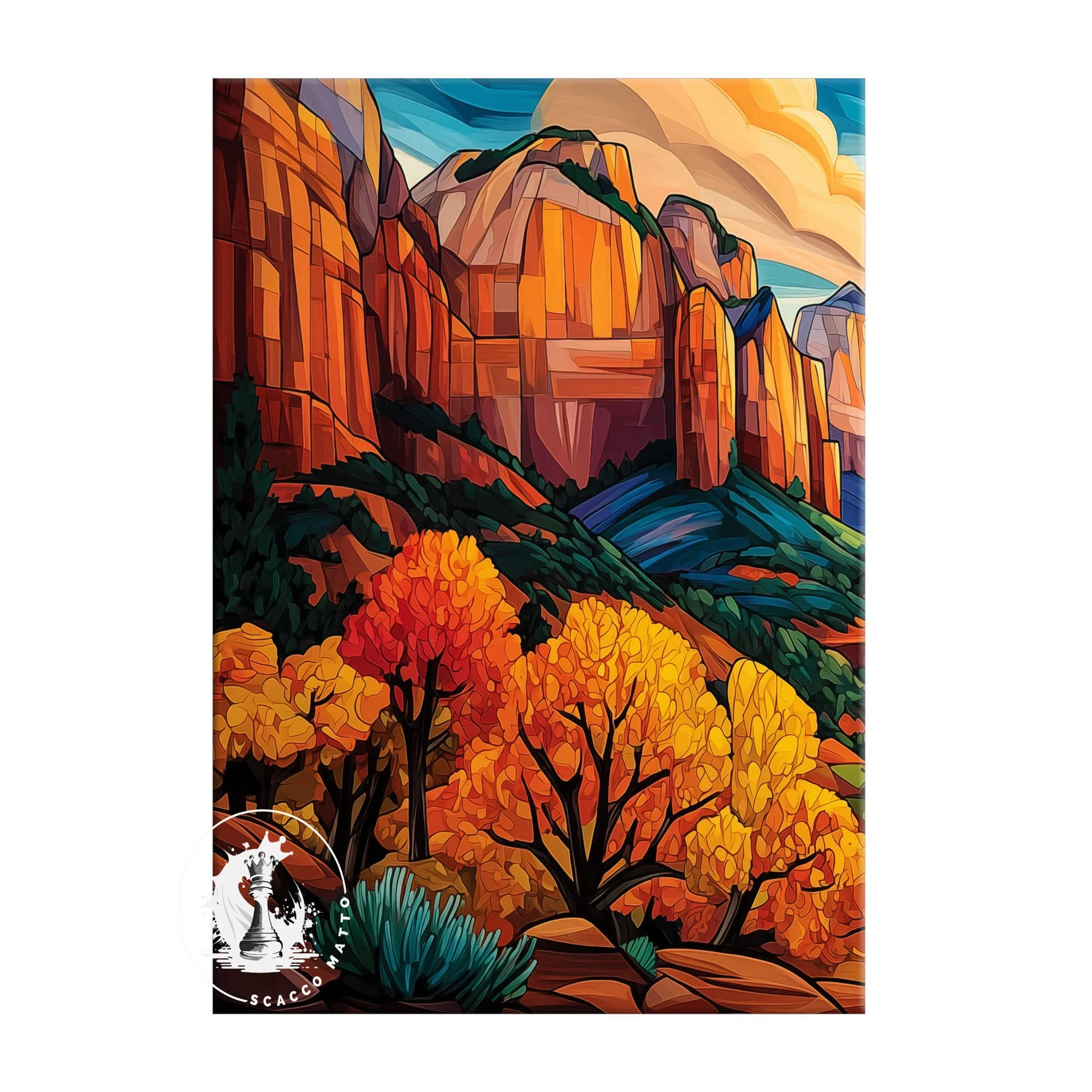 Left panel of Kolob Canyons in fall abstract acrylic triptych, featuring red canyon cliffs, autumn trees, and blue-green desert plants.