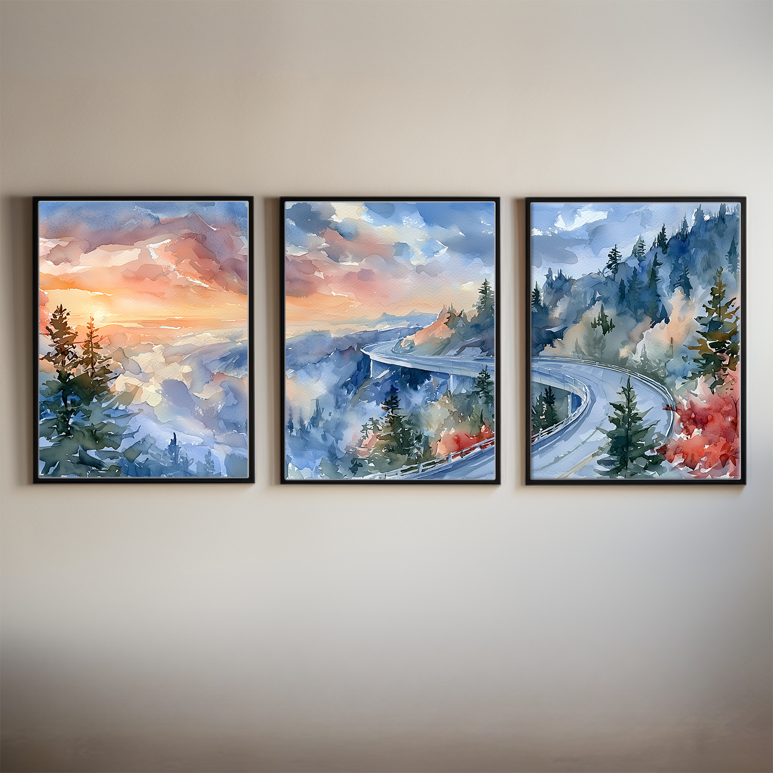 Blue Ridge Parkway North Carolina Mountain Road Watercolor Triptych Wall Art, Set of 3 Scenic Prints