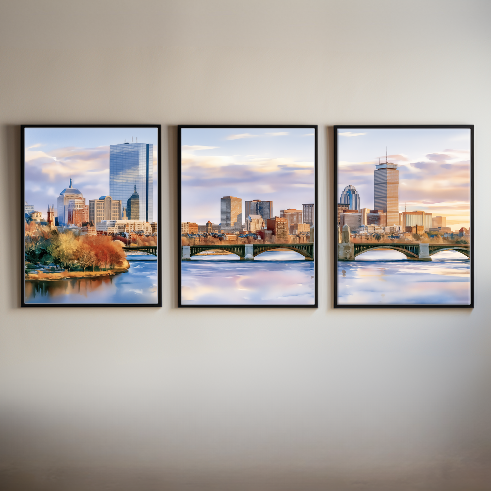 Boston Skyline & Longfellow Bridge Wall Art | Watercolor Triptych