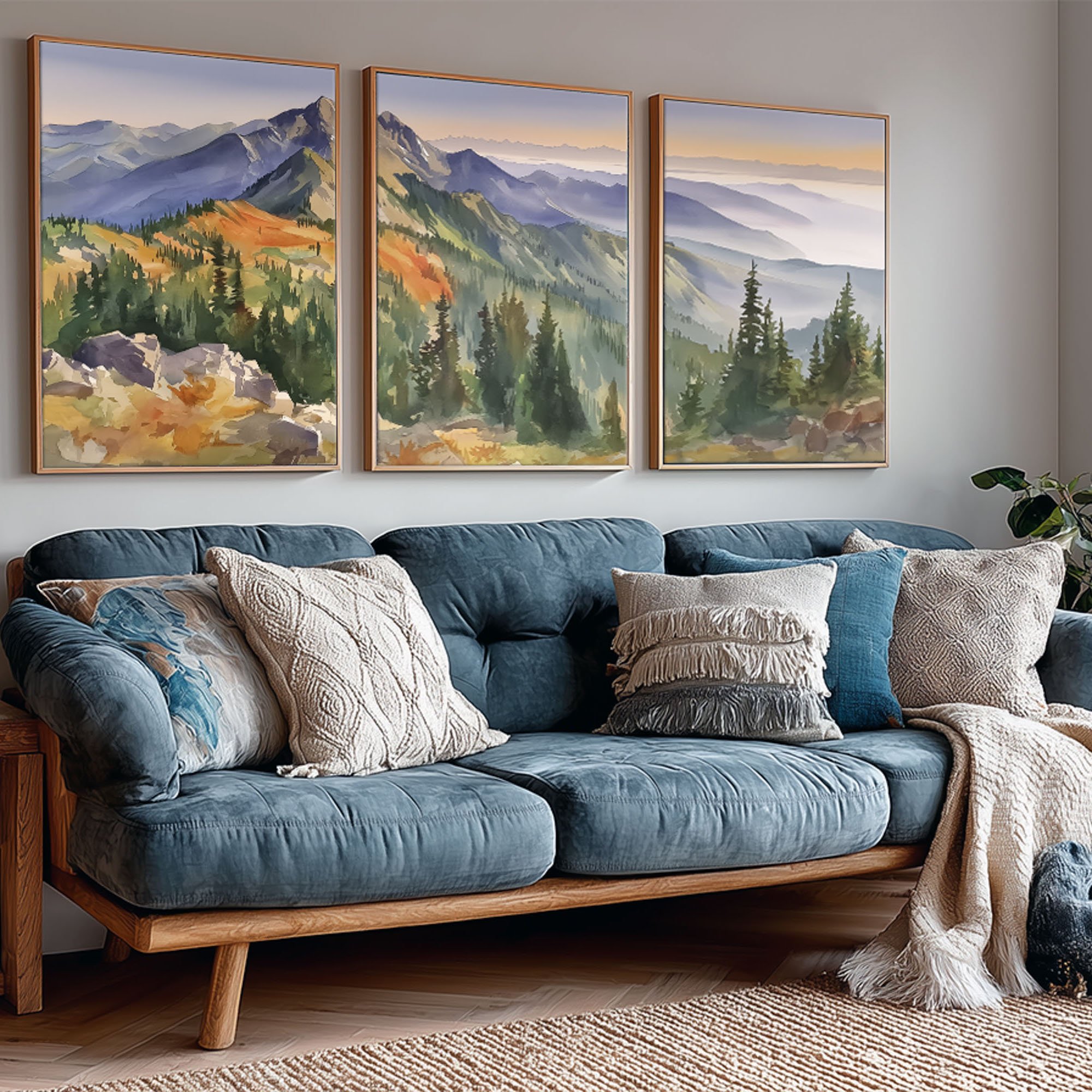 Olympic National Park Distant Mist watercolor triptych styled above a blue sofa