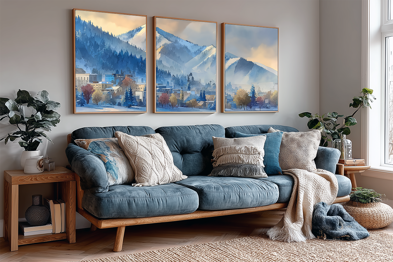 Park City and Wasatch Mountains watercolor triptych above a blue sofa