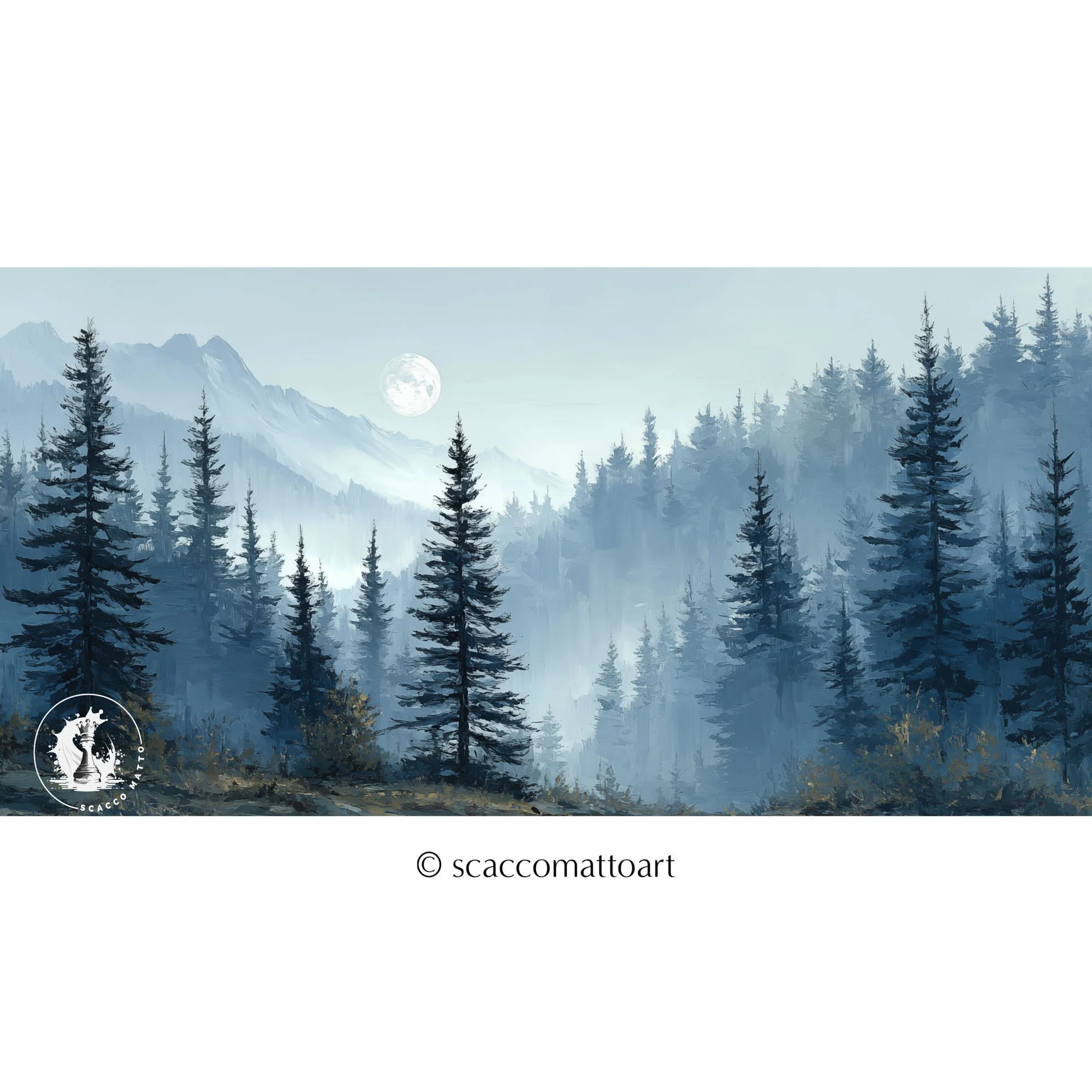 Olympic National Park by Moonlight panoramic watercolor landscape with misty forest, moon, and layered mountains