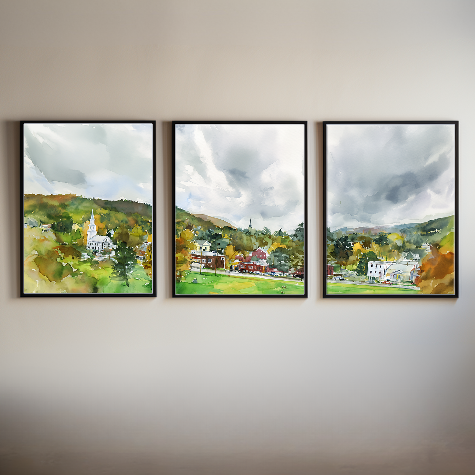 Woodstock Village Vermont Watercolor Triptych Wall Art, Set of 3 New England Village Prints