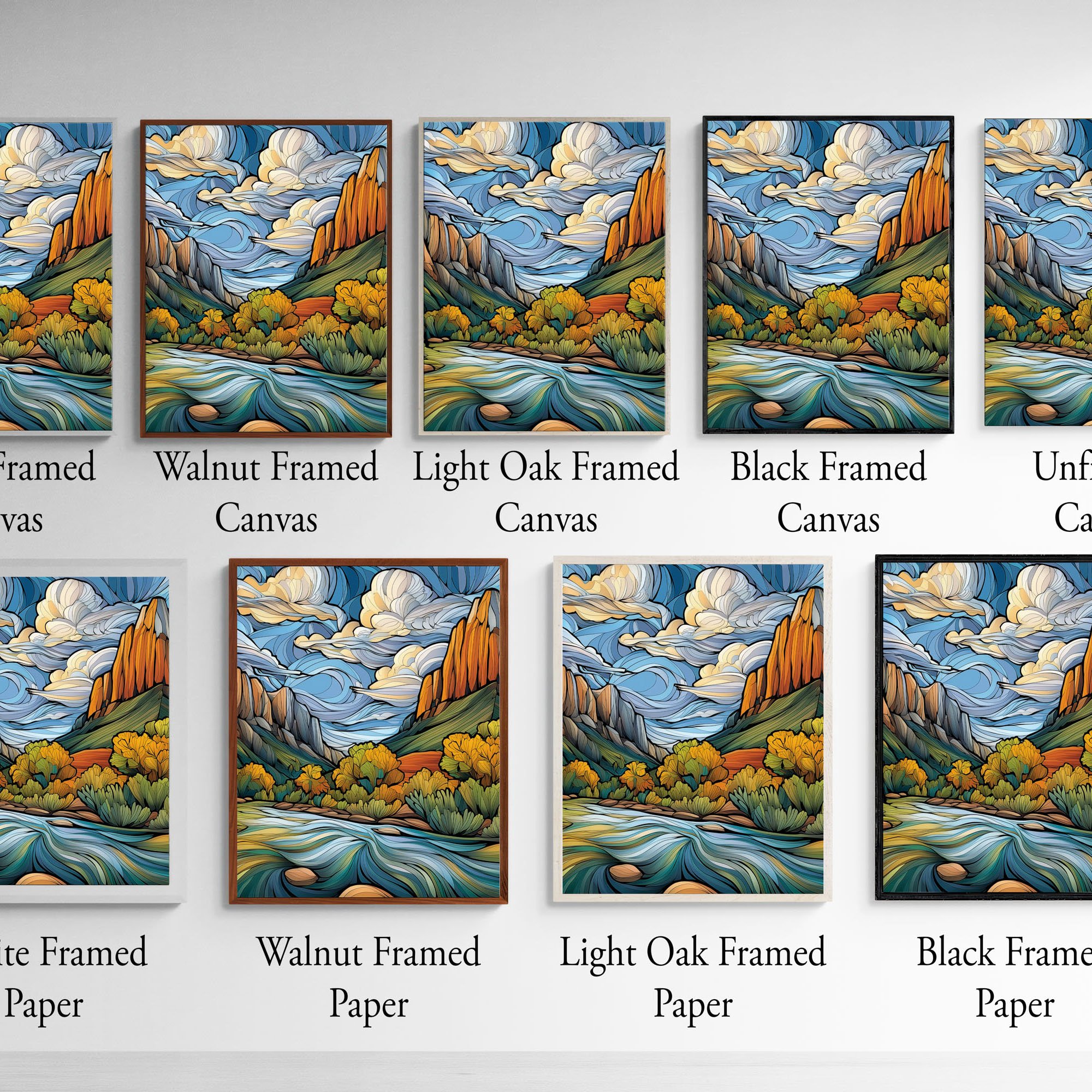 Frame and print style options for Kolob Canyons Zion National Park wall art, showing canvas and paper choices in multiple frame finishes.