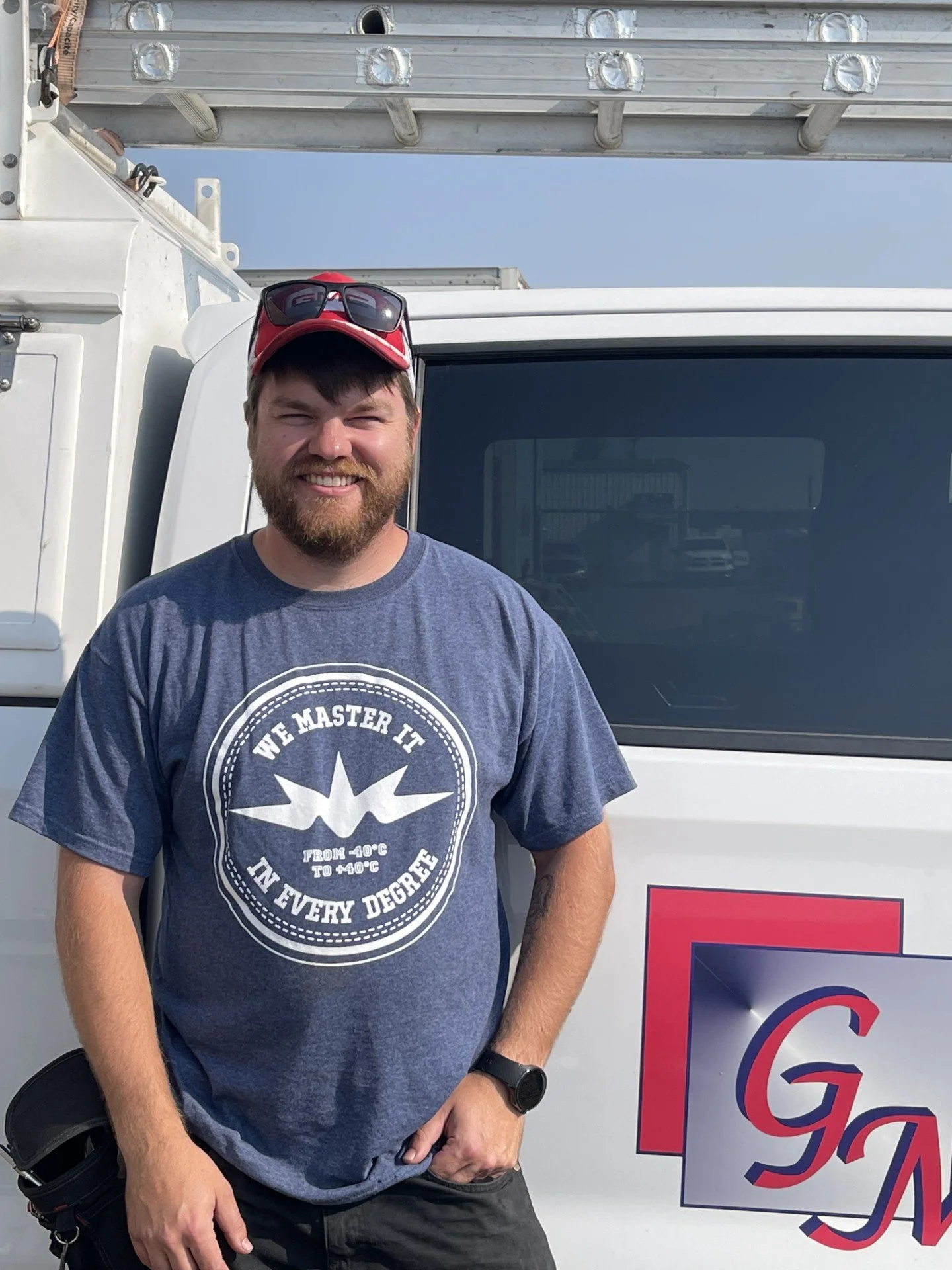 Illustration of a person wearing a cap and a shirt with a logo that reads 'Mechanical Plumbing, HVAC, Electrical'.