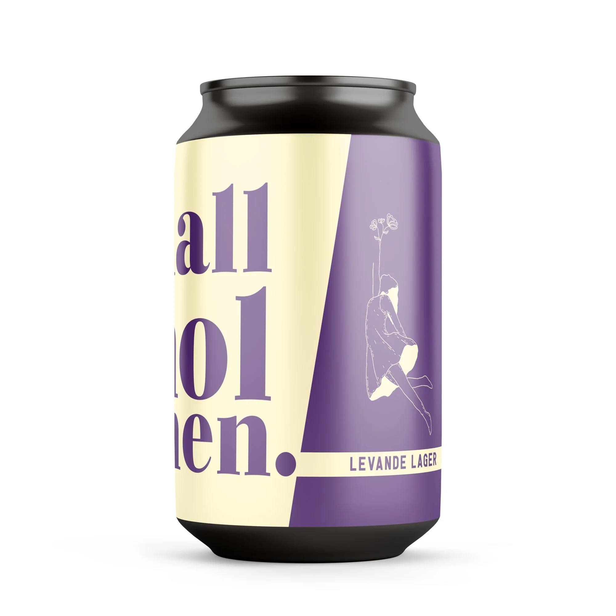 En burk med etiketten 'all of men' och texten 'LEVANDE LAGER'. Design med en illustration av en kvinna som sitter på en gren.