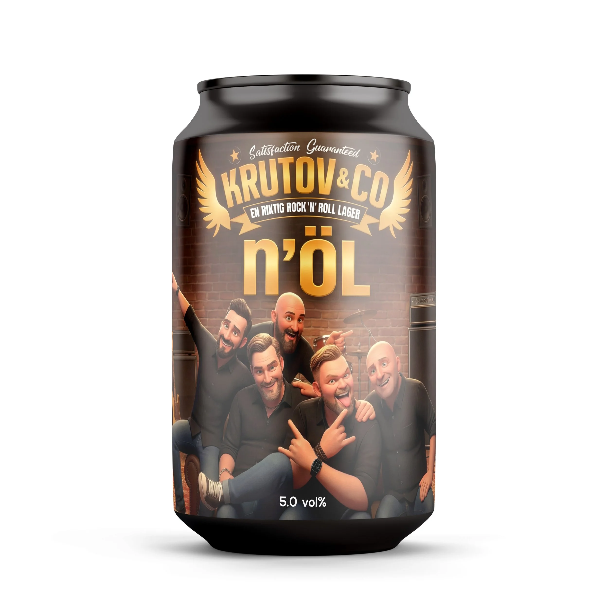 Bild på en ölburk med etikett som visar en grupp glada män som poserar, texten 'Krutov & Co', 'en riktig rock 'n' roll lager', 'n'ÖL' och alkoholstyrka 5,0 vol%.