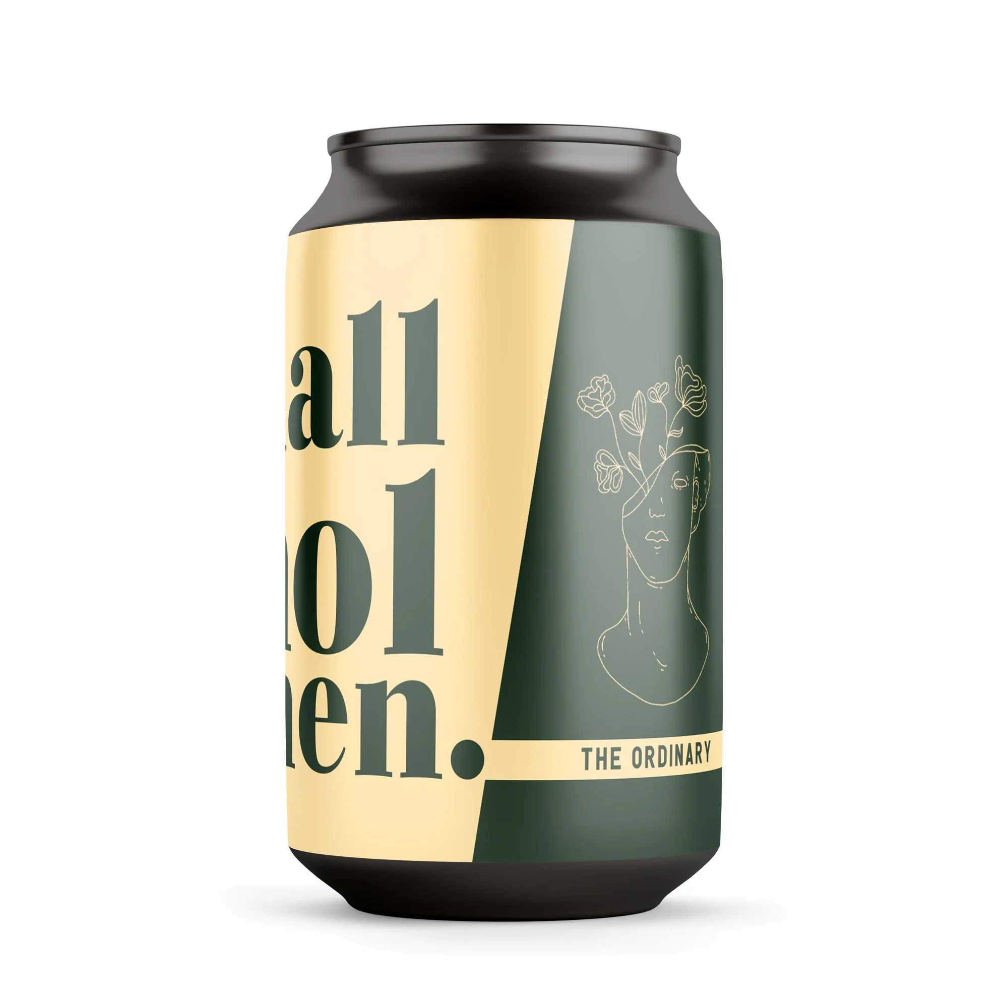 Bild på en ölburk med texten 'all ol men.' och en illustration av ett ansikte med blommor. Buren är från märket 'The Ordinary'.