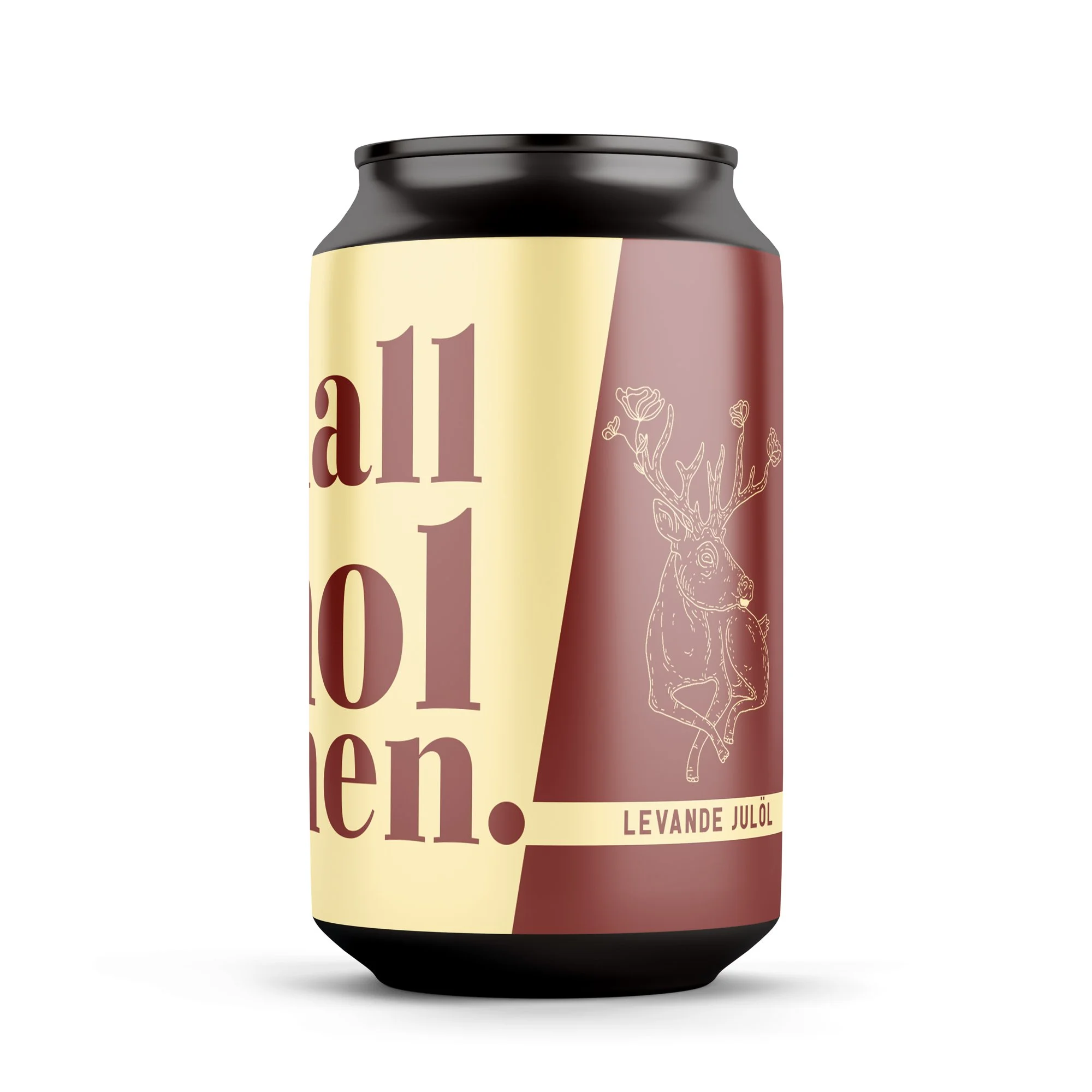 En burk med julöl, med förpackningsdesign som inkluderar en renhuvud illustration och texten "all öl men." samt "LEVANDE JULÖL".