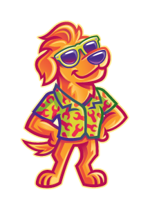 Cartoon lion wearing sunglasses and a colorful Hawaiian shirt, standing confidently with hands on hips.