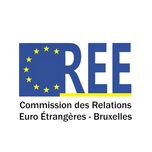 European Union flag with blue background and yellow stars next to the text 'FREE' in large blue letters, and additional smaller text below.